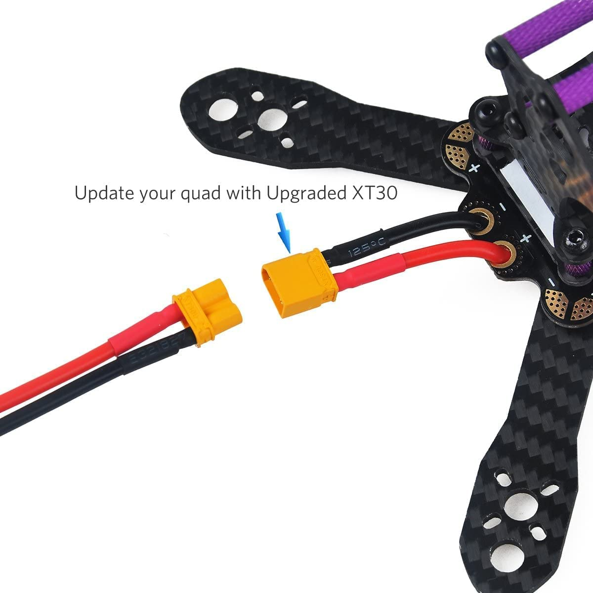 Bild zeigt einen Quadrocopter mit einem gelben XT30-Anschluss, der verbunden wird.