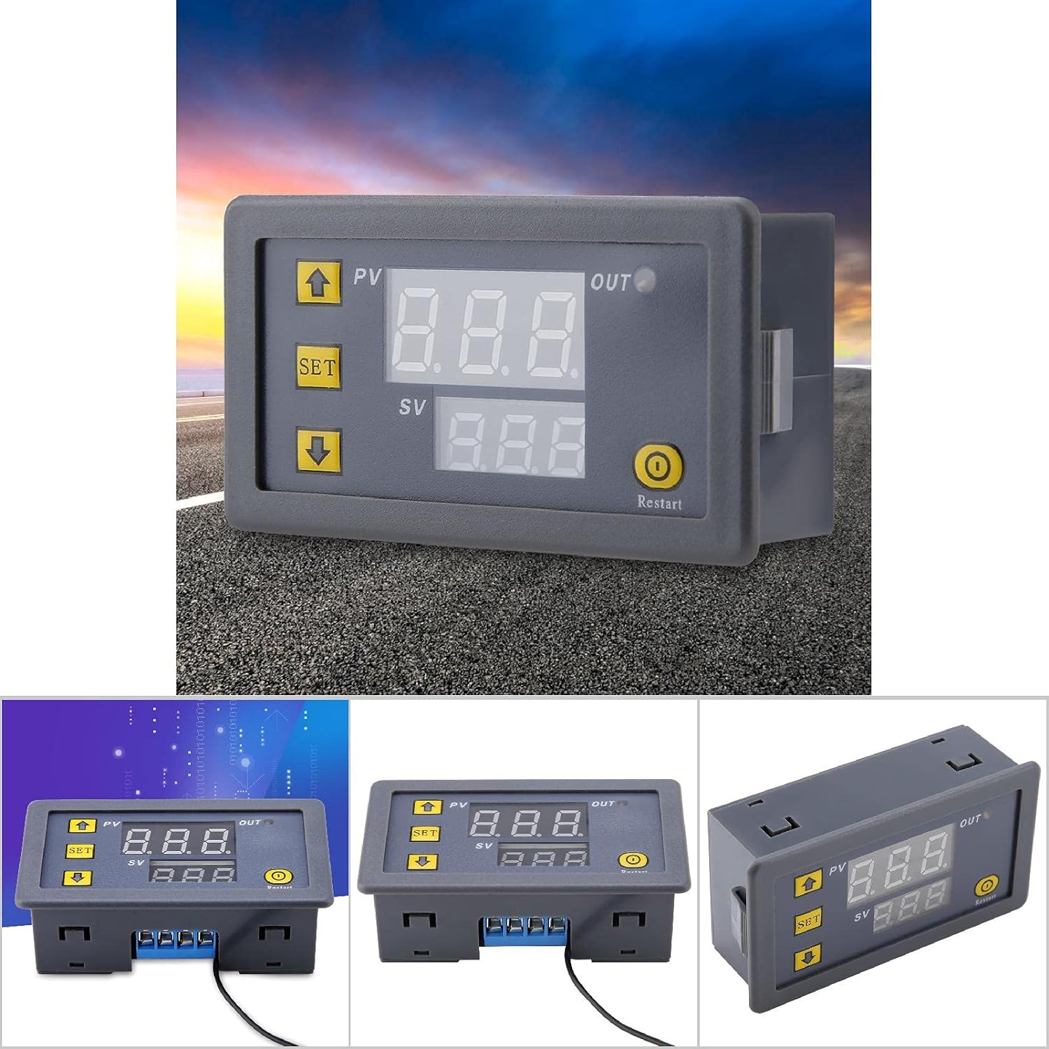 Grauer digitaler Temperaturregler mit Display und Knöpfen, aus verschiedenen Winkeln gezeigt.