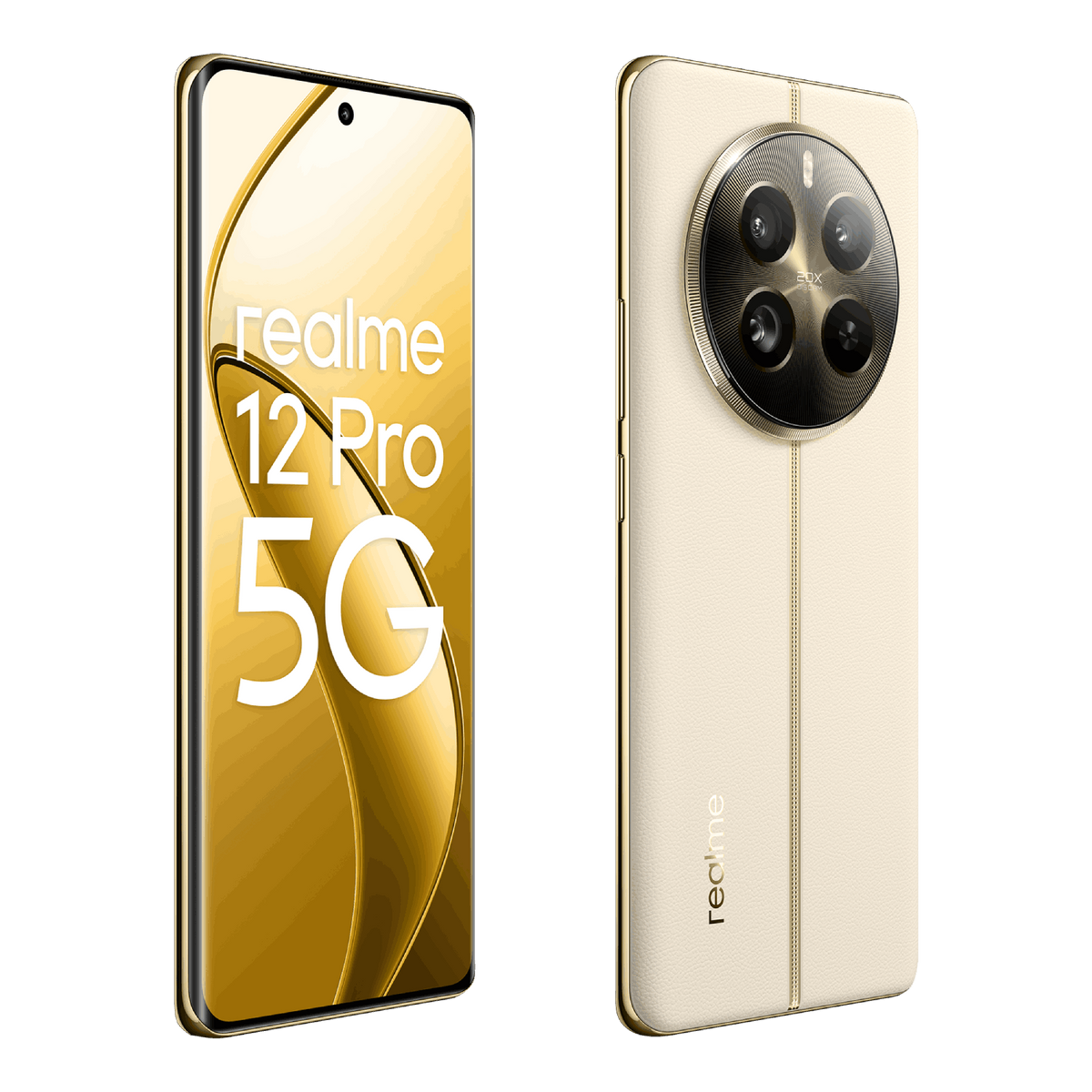 Złoty smartfon prezentujący widok z przodu i z tyłu. Posiada okrągły aparat.