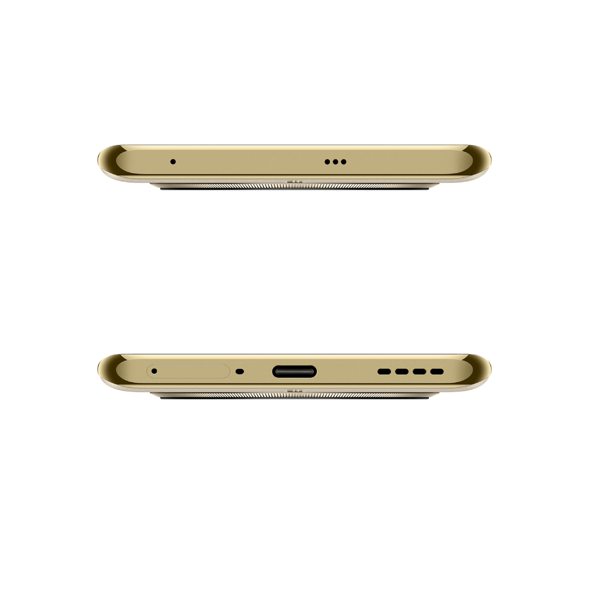 Zbliżenie góry i dołu złotego smartfona, pokazujące głośniki.