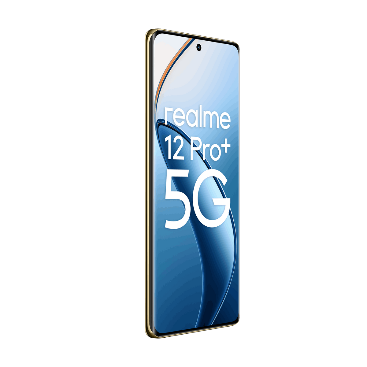 Realme 12 Pro+ 5G Smartphone, goldener Rahmen, blauer Farbverlauf-Bildschirm, schwarzer Hintergrund.