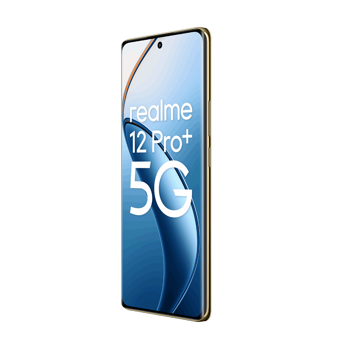Ein goldgerahmtes Smartphone mit gebogenem Bildschirm, auf dem der Text "realme 12 Pro+ 5G" angezeigt wird.
