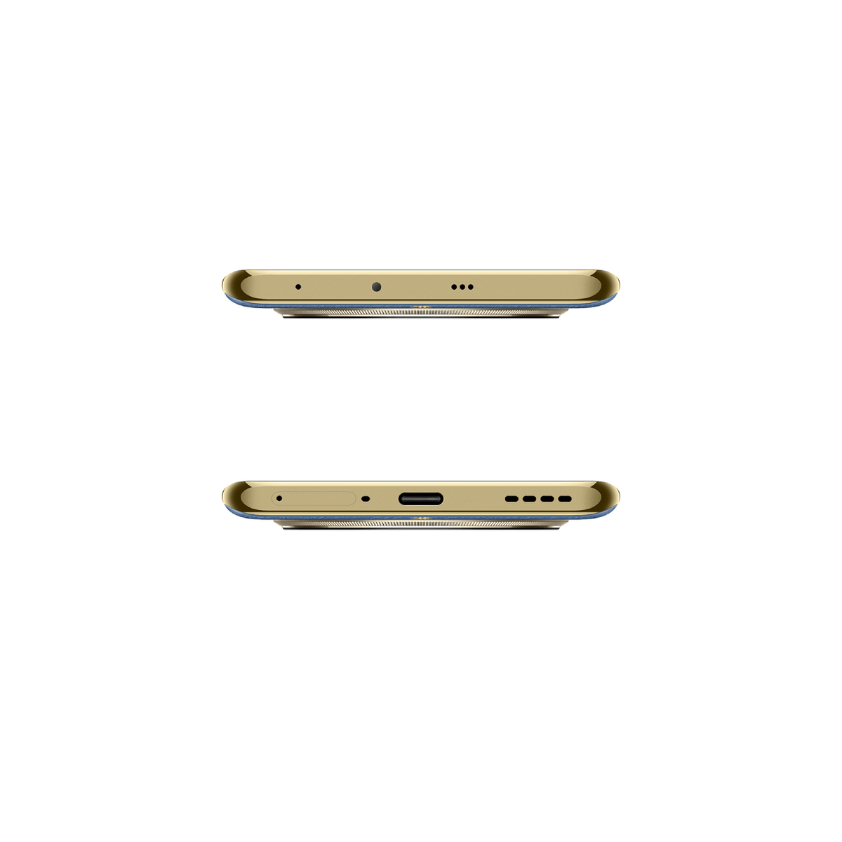 Oben- und Unteransicht eines goldenen Smartphones, das Lautsprecher-, Mikrofon- und Ladeanschlussdetails zeigt.