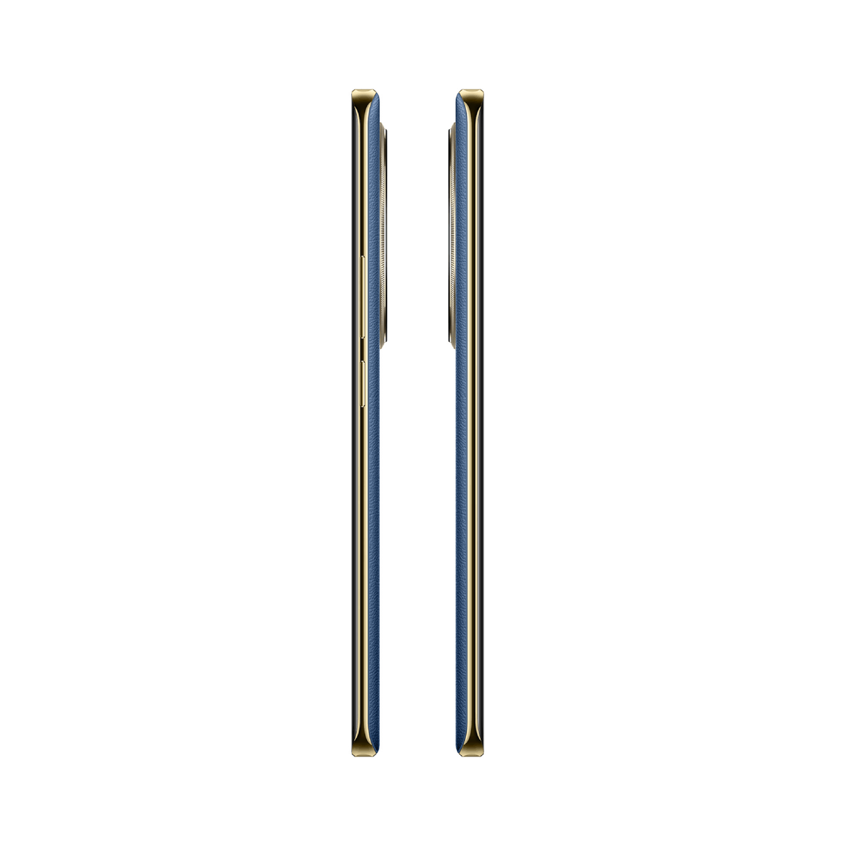 Zwei Smartphones nebeneinander, die das Kantenprofil in Gold und Blau zeigen.