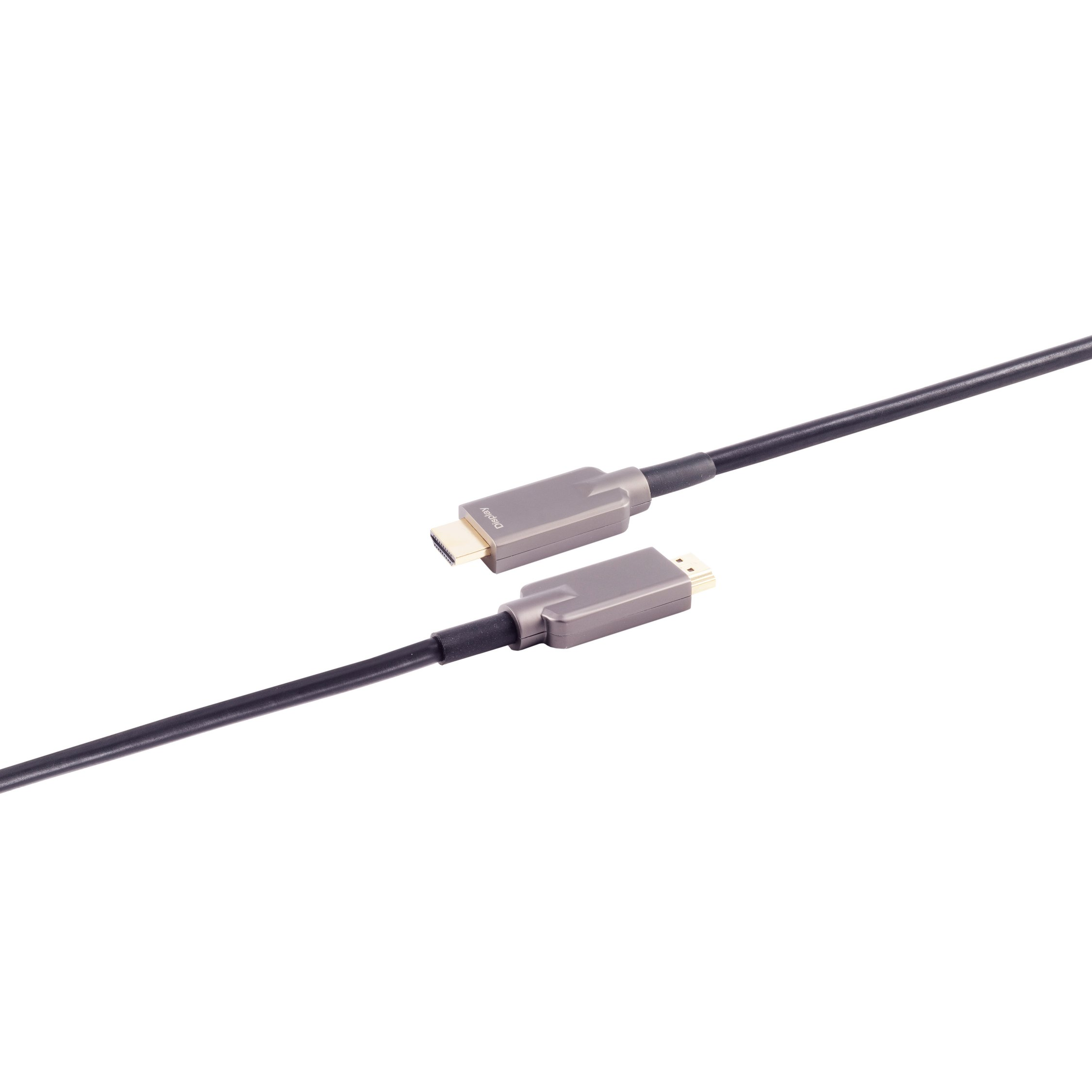 Graues HDMI-Kabel mit silbernen Steckern, schwarzes Kabel, isoliert auf weißem Grund.
