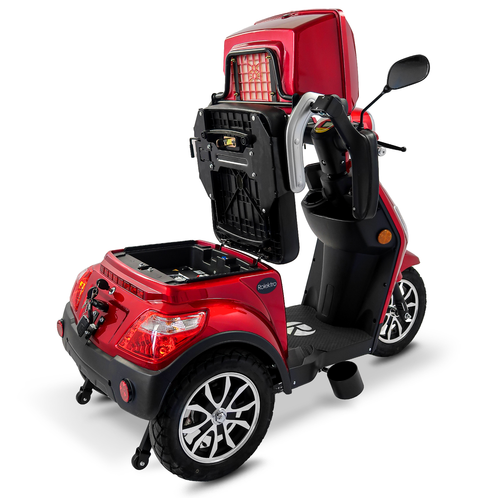 Roter Mobilitätsroller mit offenen Staufächern und erhöhtem Sitz.