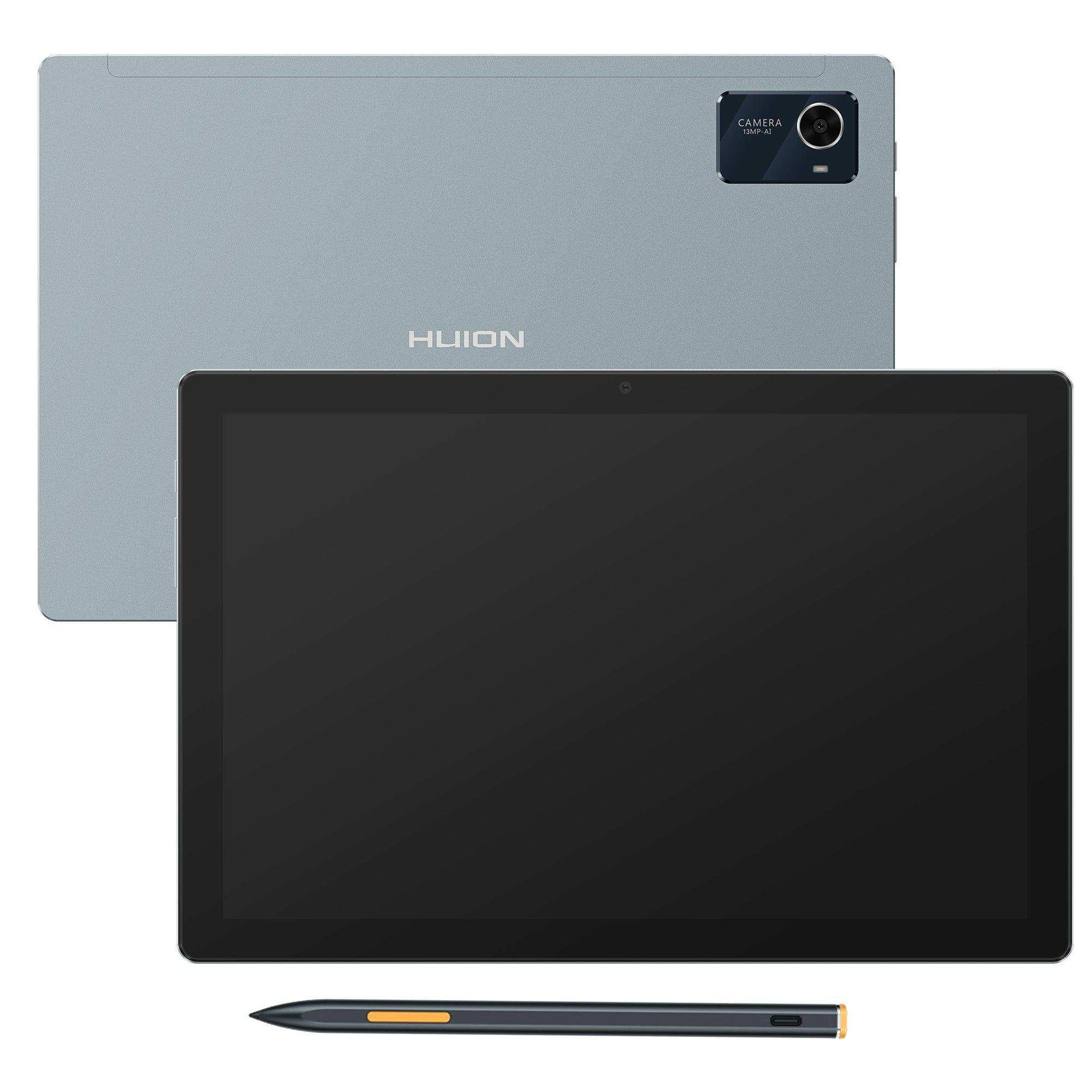 Una tableta con un lápiz óptico, la tableta es gris. El lápiz tiene una sección negra y naranja.