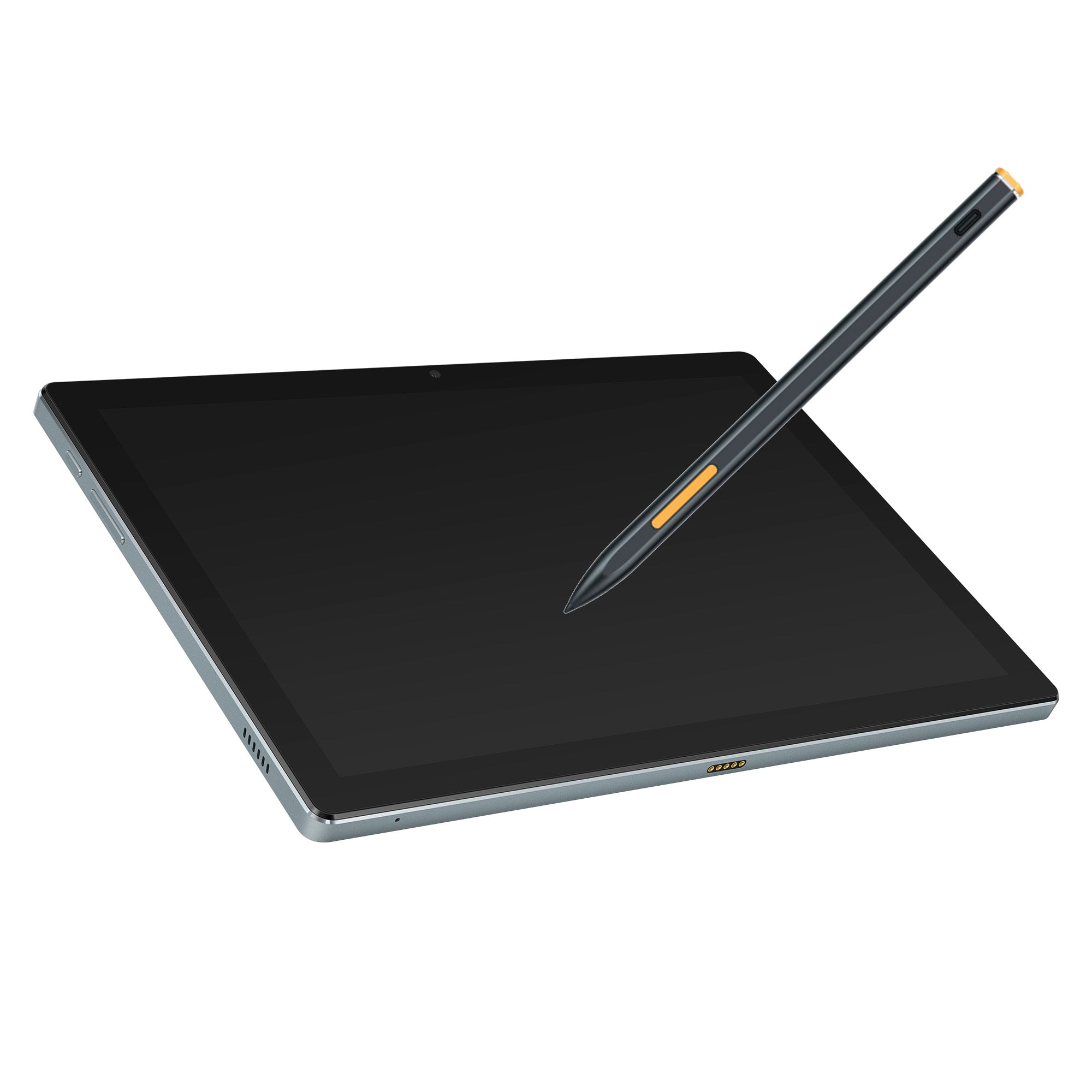 Tableta negra con un lápiz óptico, sobre un fondo blanco. El lápiz flotando sobre la pantalla.