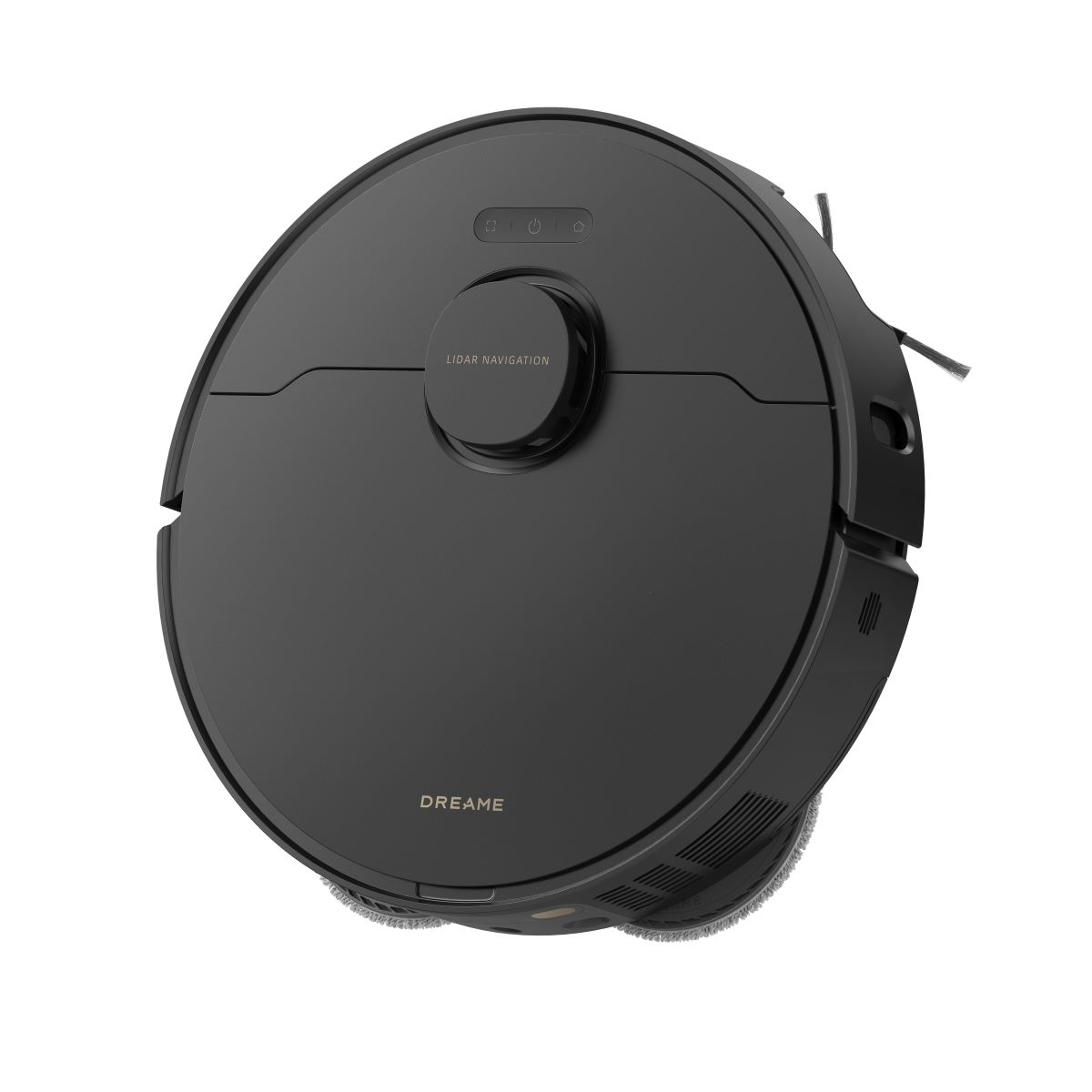 Czarny, okrągły odkurzacz robot. Ma centralny garb i szczotki boczne.
