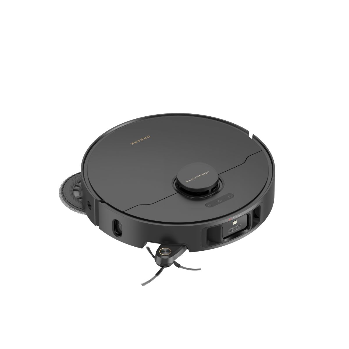 Czarny odkurzacz automatyczny na białym tle.