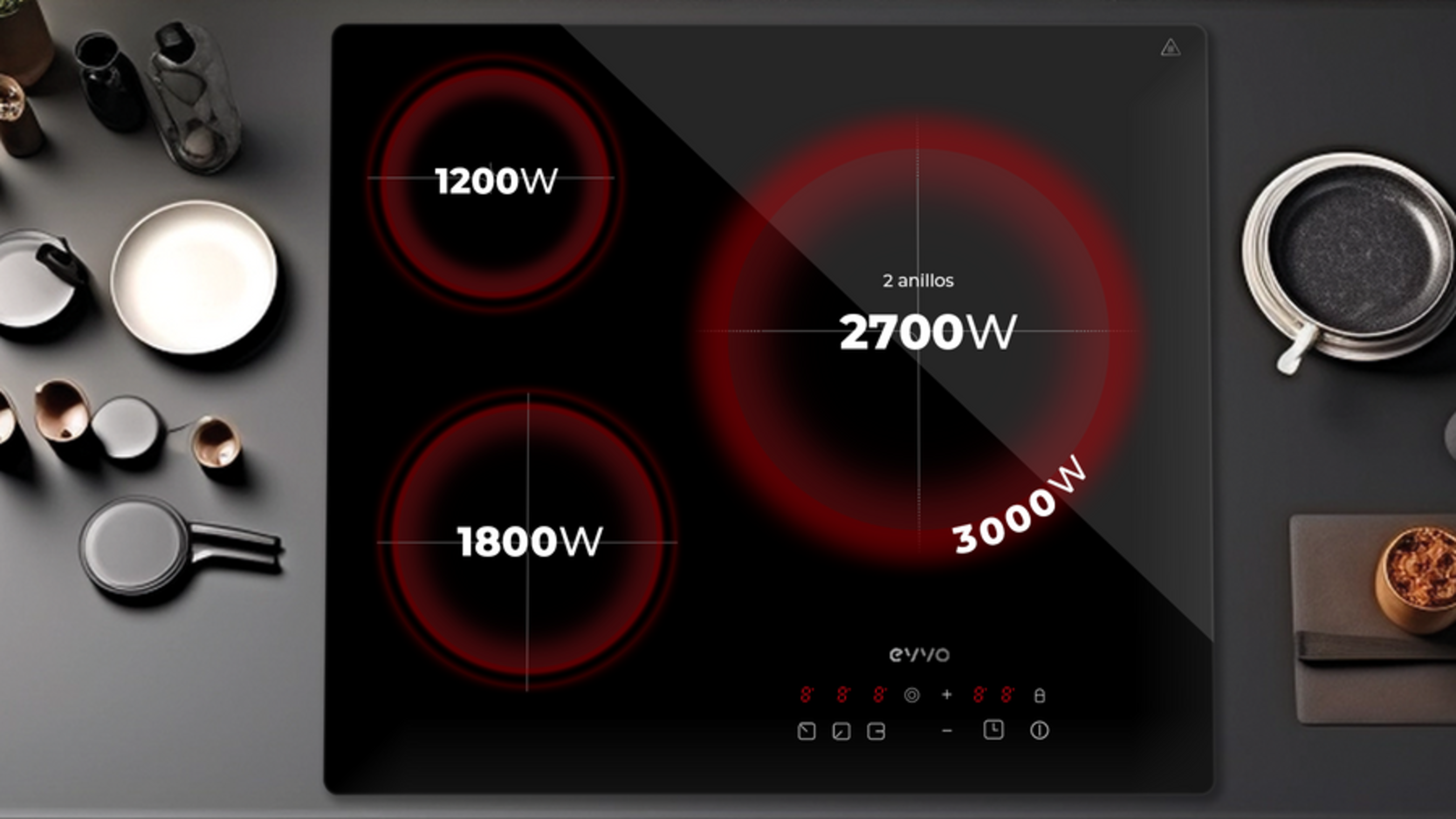 Placa de cocina negra con círculos rojos que indican zonas de calentamiento y niveles de potencia.