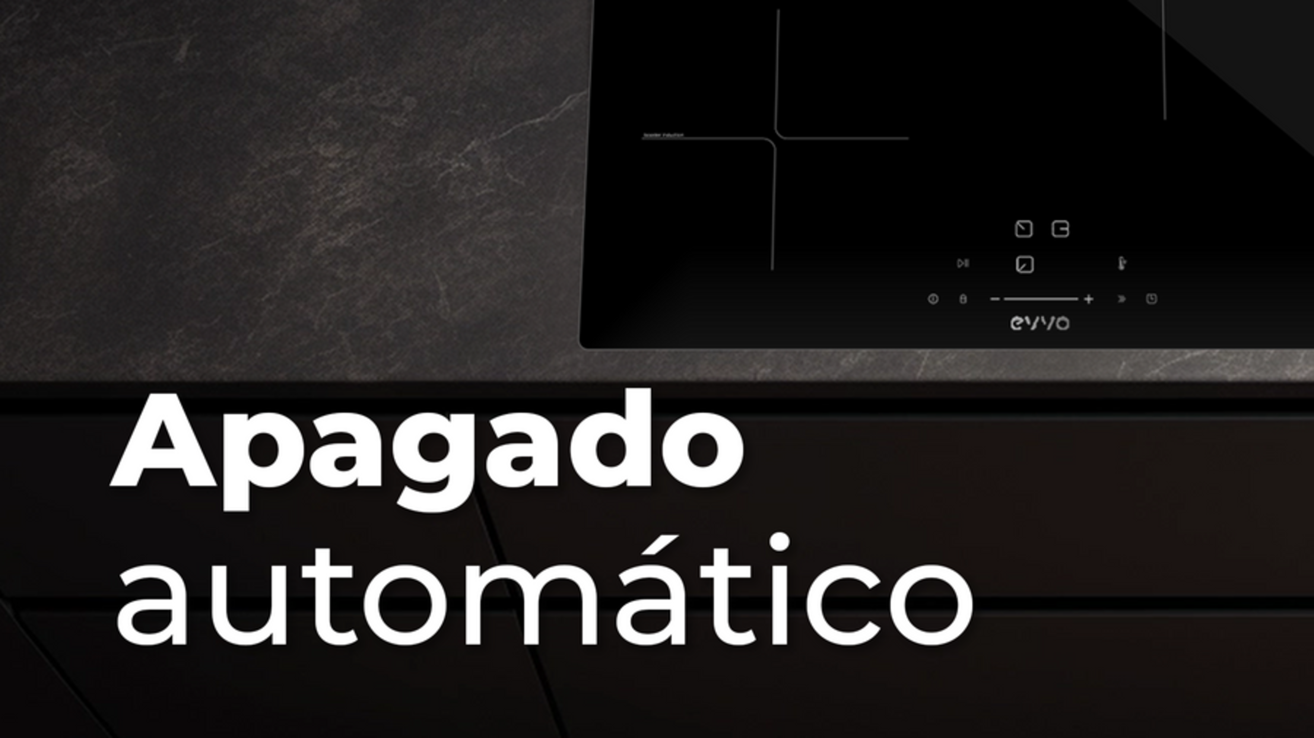 Una placa de inducción negra con texto 'Apagado automático' en una superficie oscura.