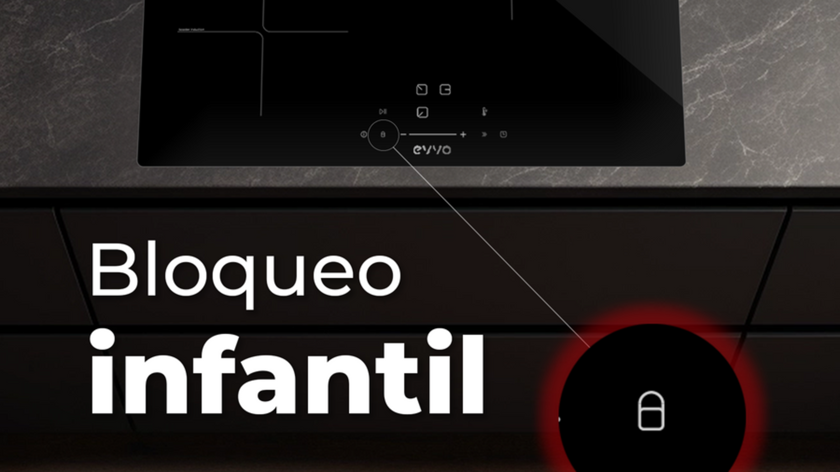 Placa de inducción negra, texto 'Bloqueo infantil' y un símbolo de candado con círculo rojo.