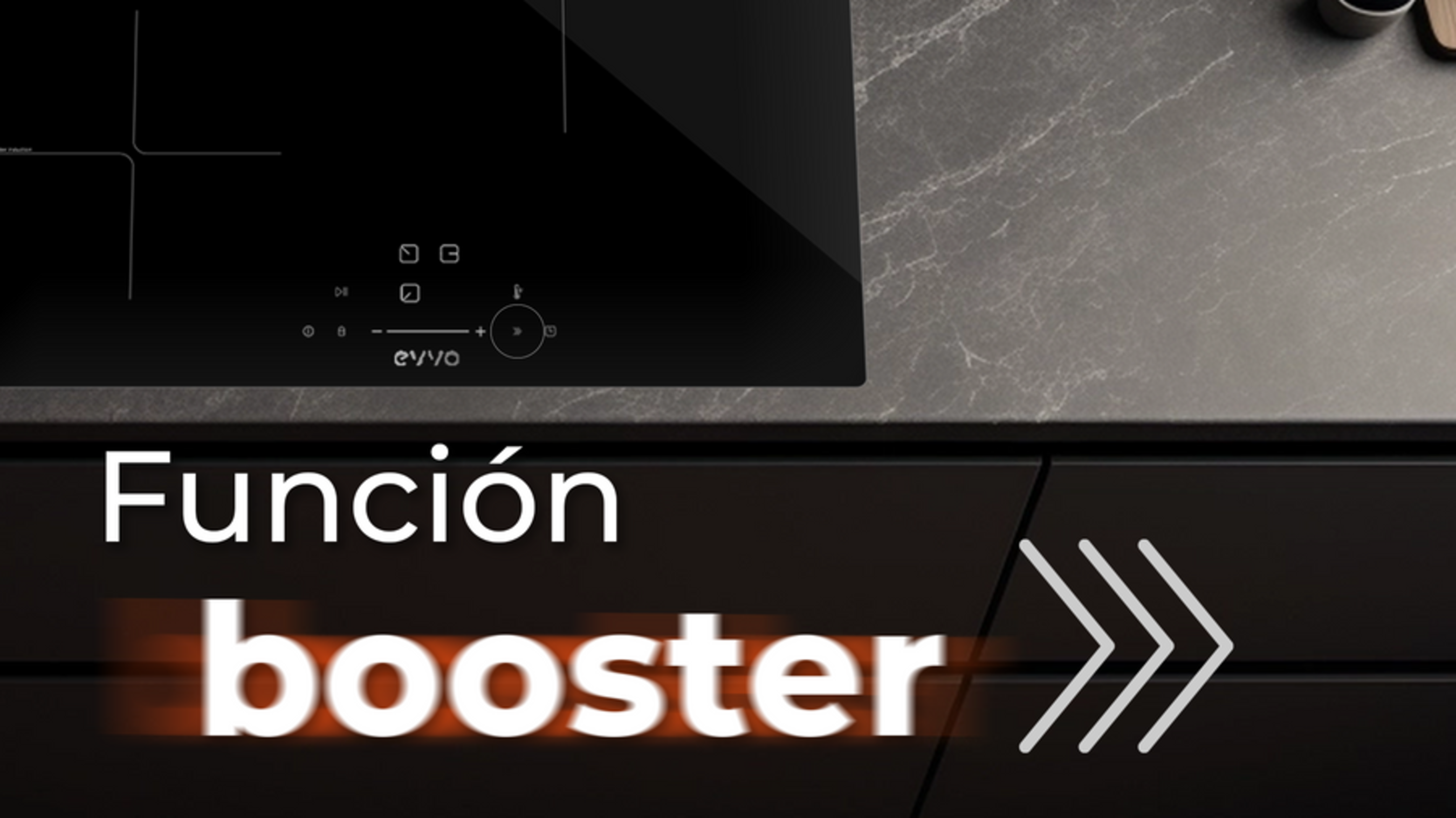Placa de inducción negra con la palabra 'booster' en estilo borroso.