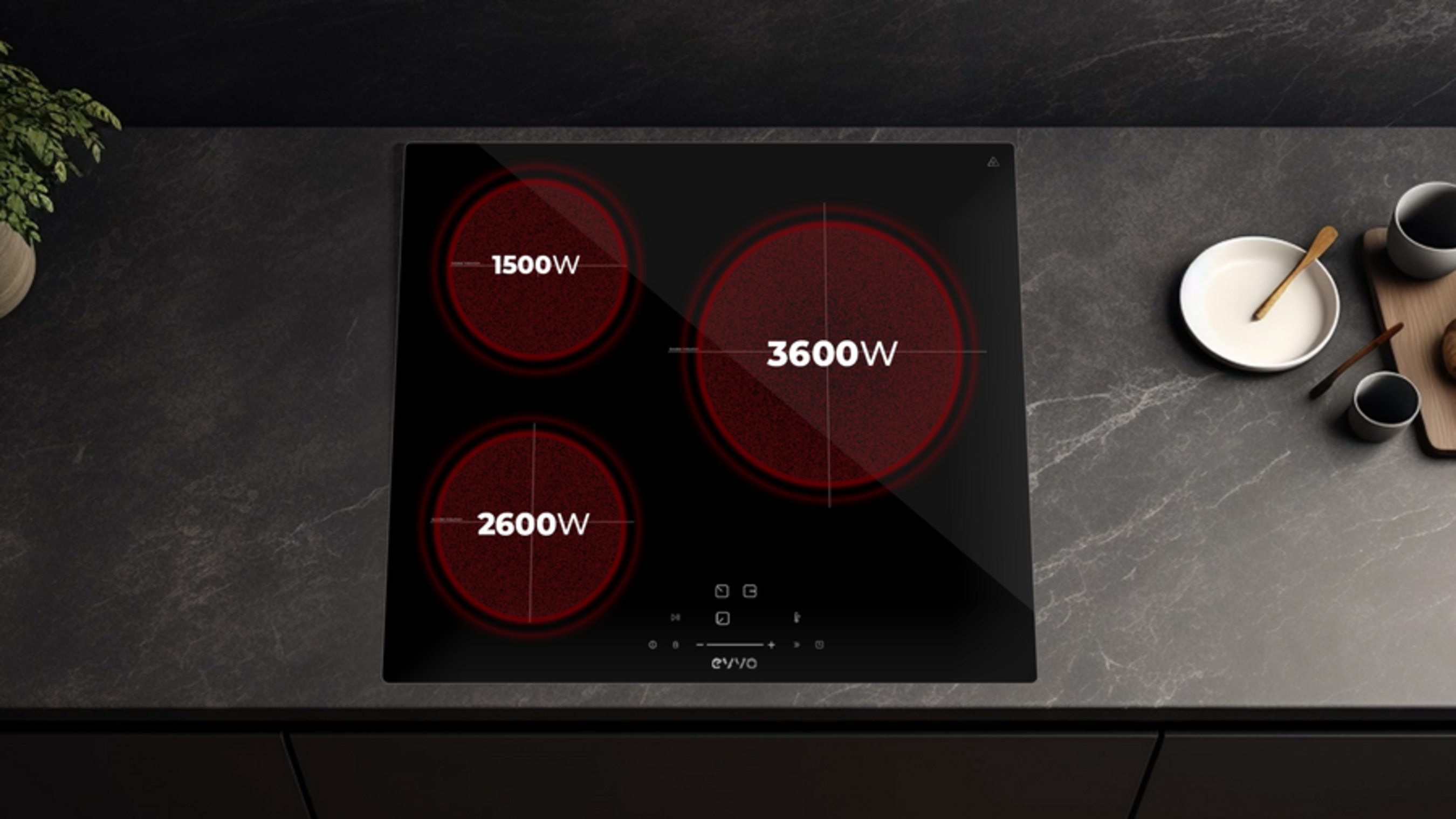 Placa de inducción negra con tres zonas de calentamiento rojas.