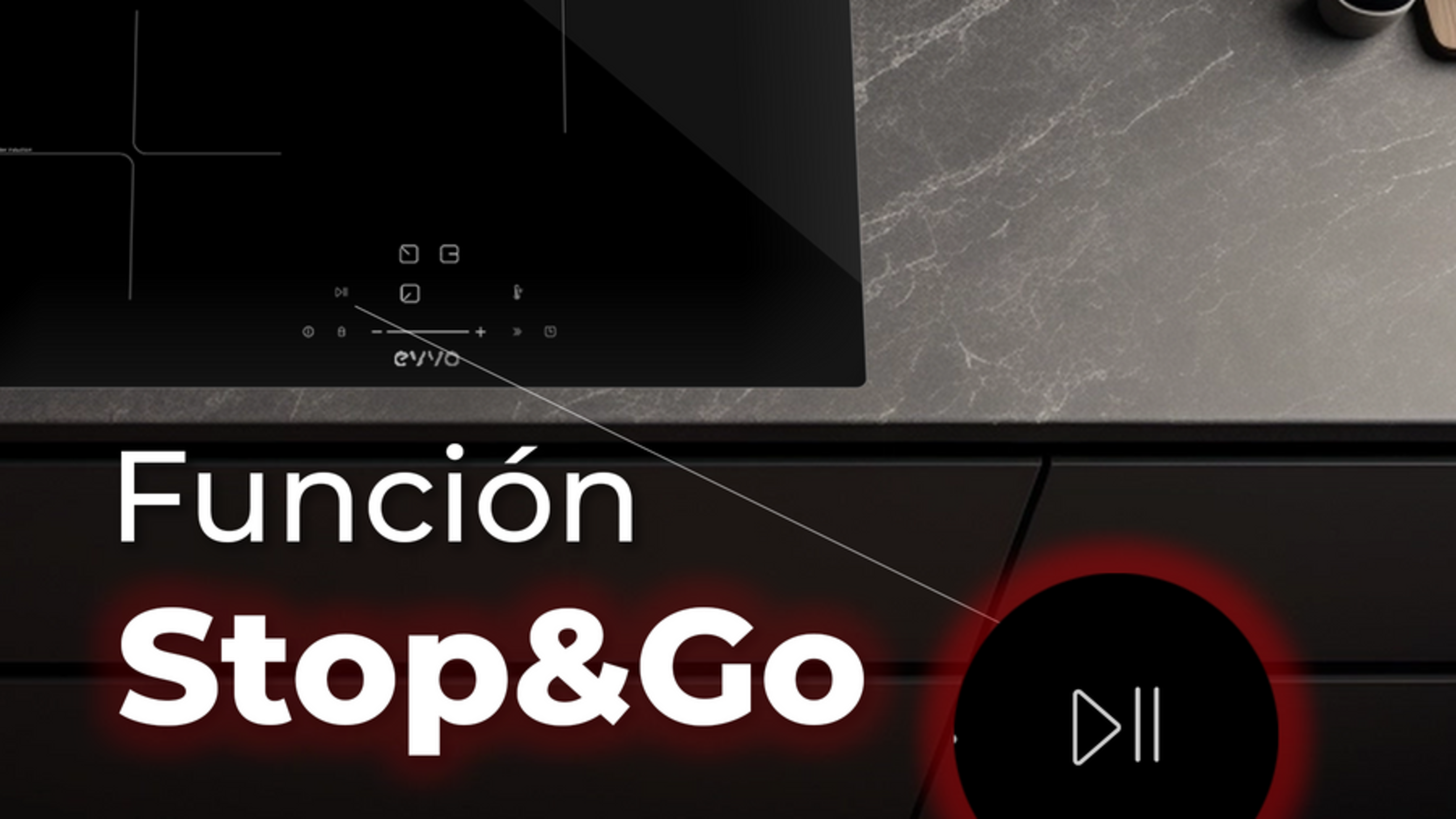 Una placa de inducción negra con las palabras 'Stop&Go' y un símbolo de pausa en la superficie.
