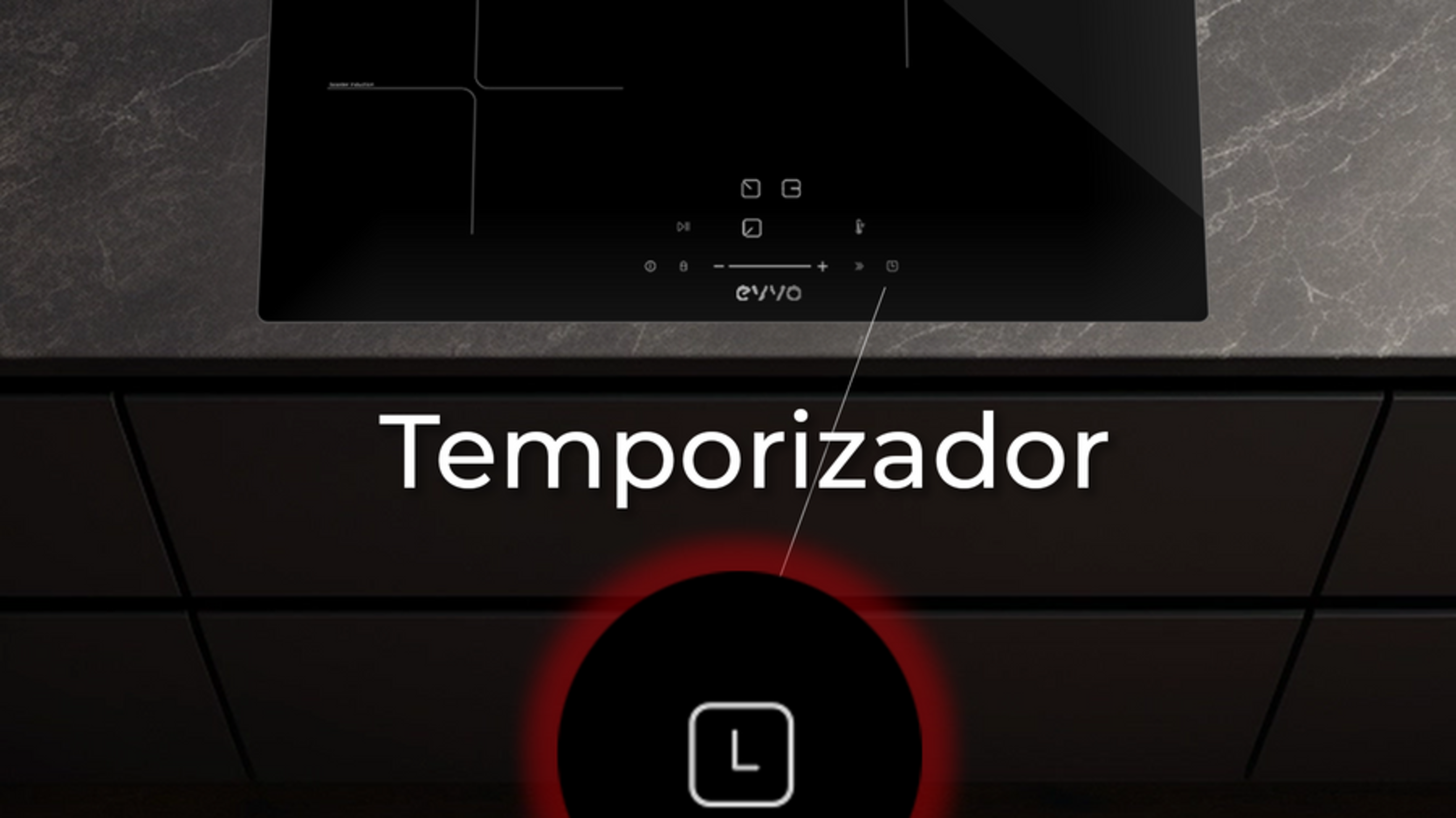 Una placa de inducción negra con un botón de temporizador resaltado.