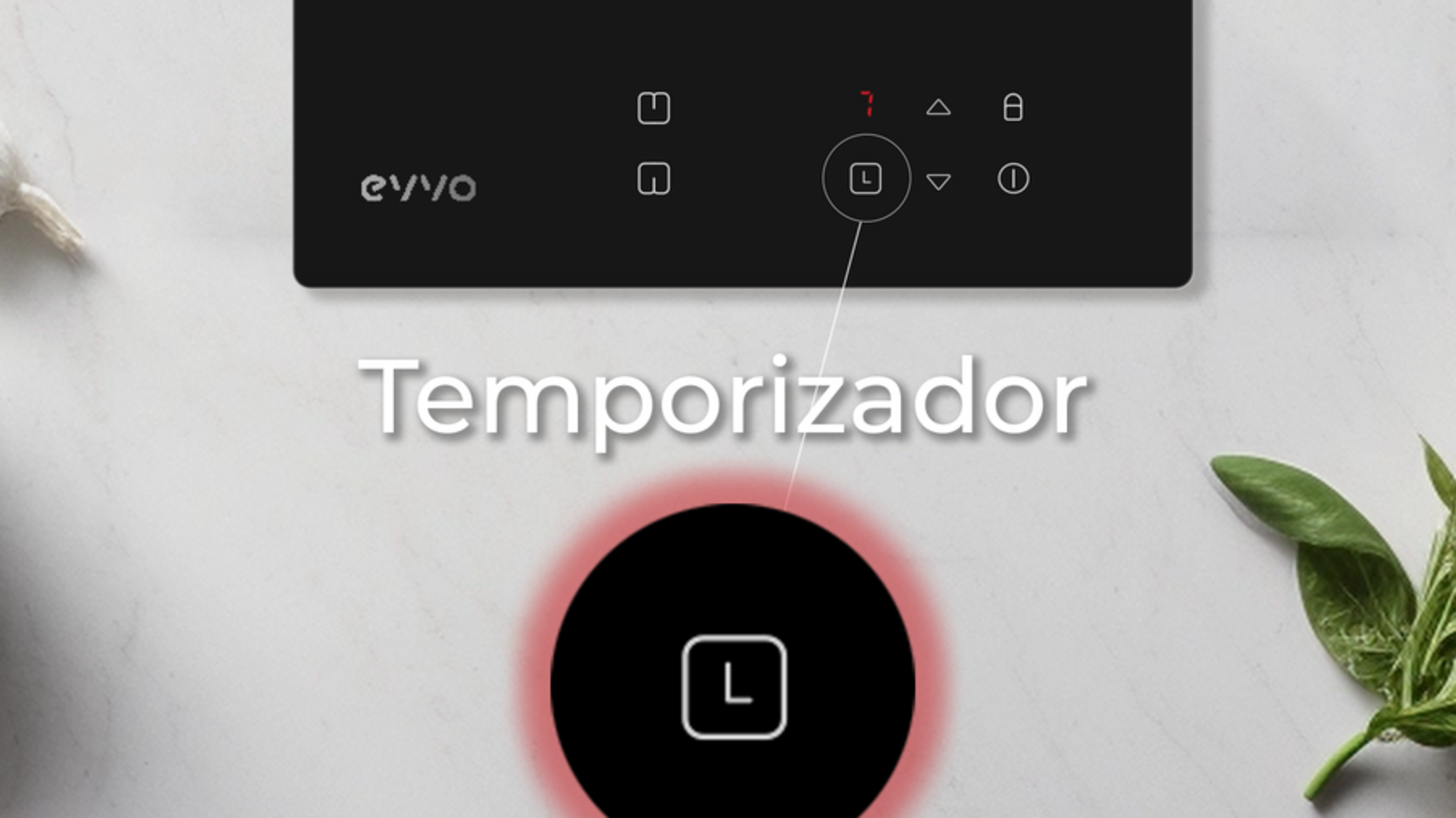Placa de cocina negra con un icono de temporizador resaltado con un círculo rojo.