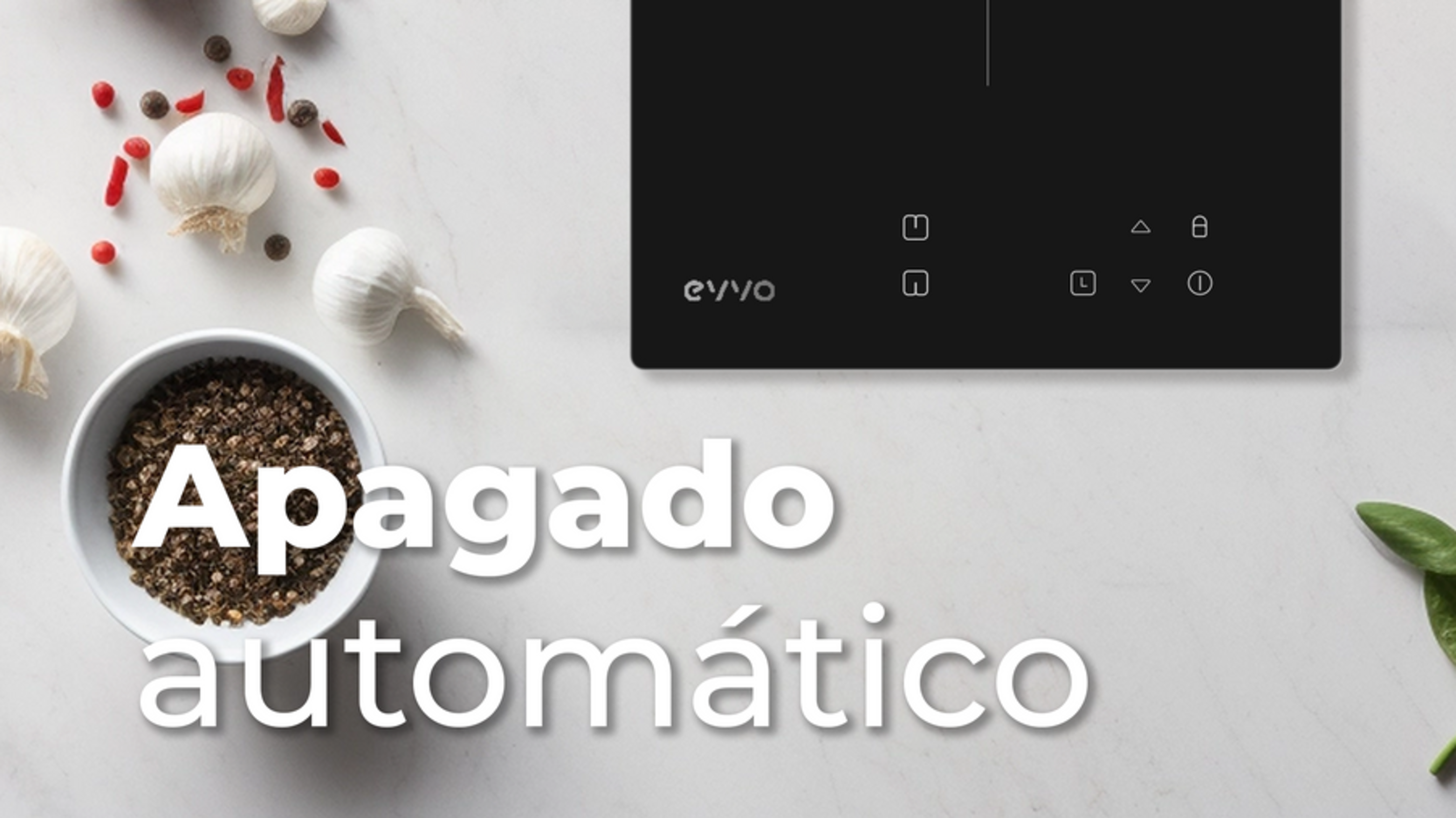 Una encimera negra con controles e ingredientes alrededor. El texto dice 'Apagado automático'.