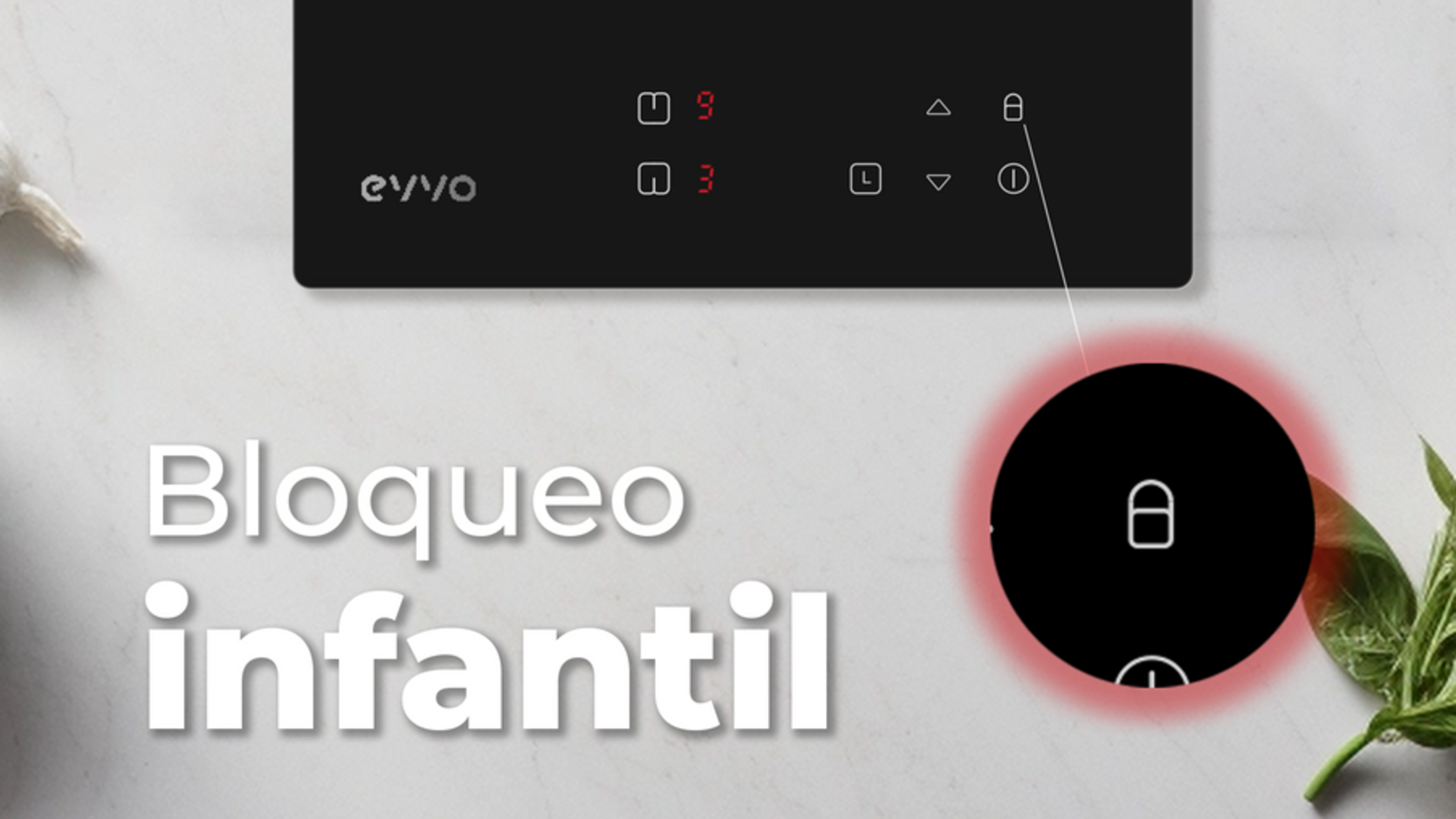 Una encimera negra con controles y las palabras 'Bloqueo infantil'.