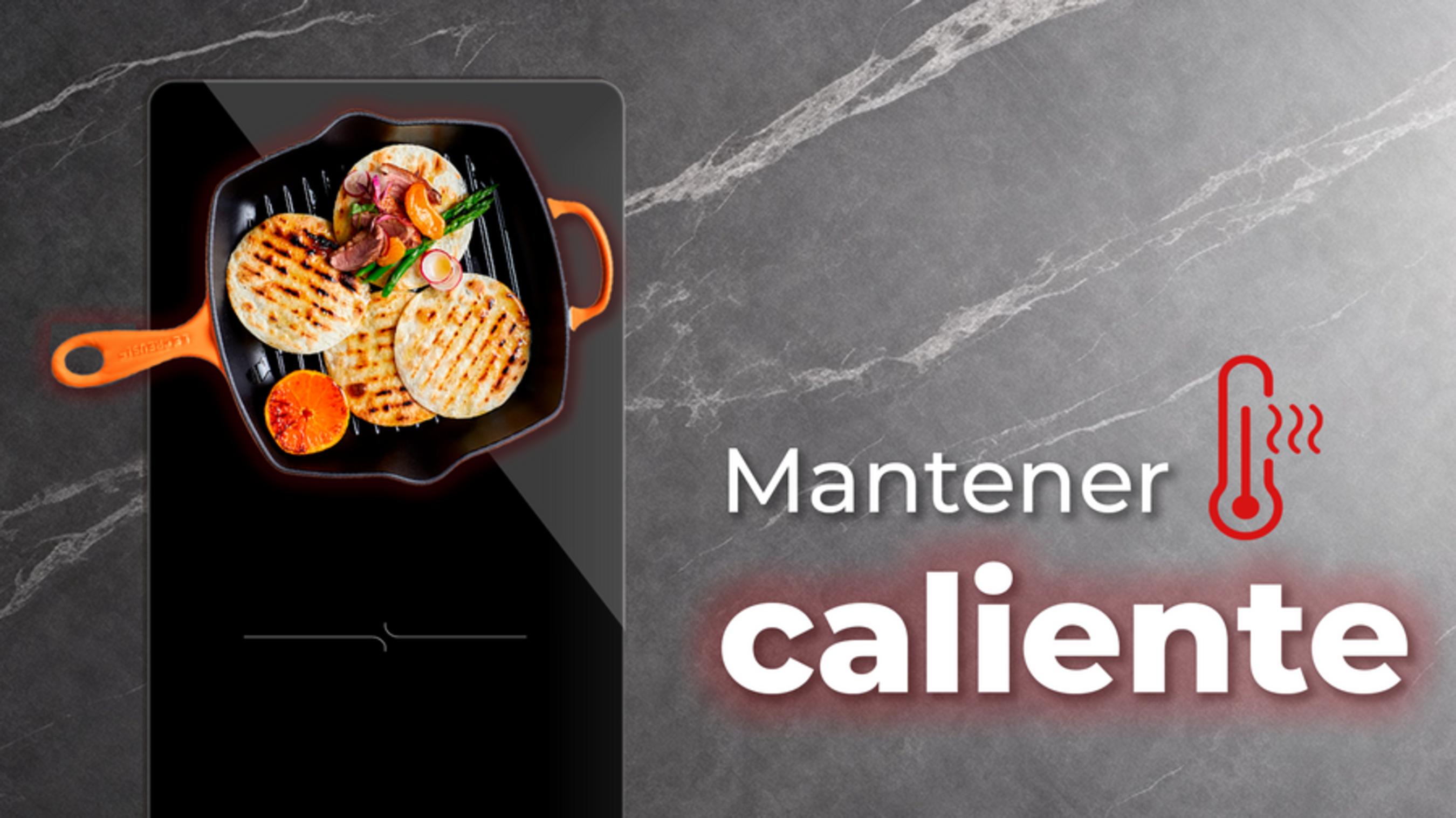 Una plancha negra con comida encima, junto a una llamada a la acción: 'Mantener caliente' con un termómetro.