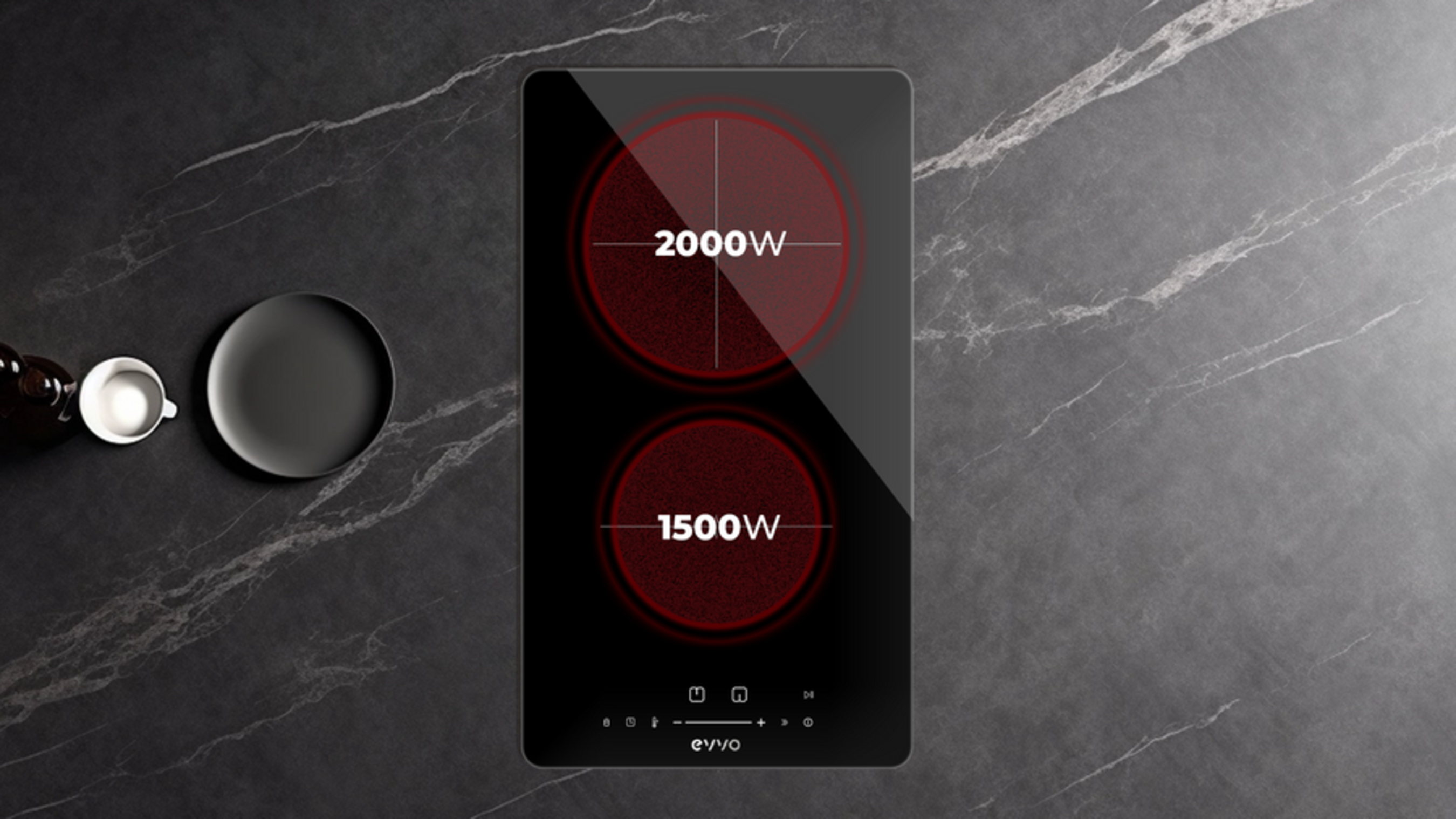 Placa de inducción negra con dos zonas de cocción rojas, 2000W y 1500W.
