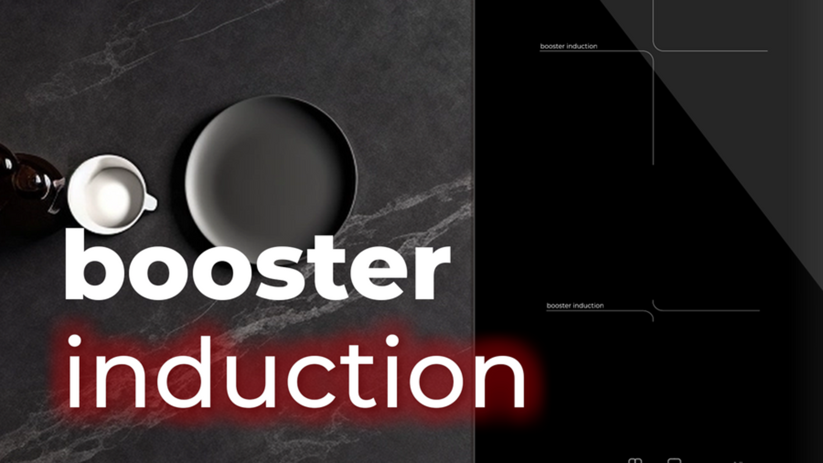 Una placa de inducción negra con las palabras "booster induction" en blanco y rojo.