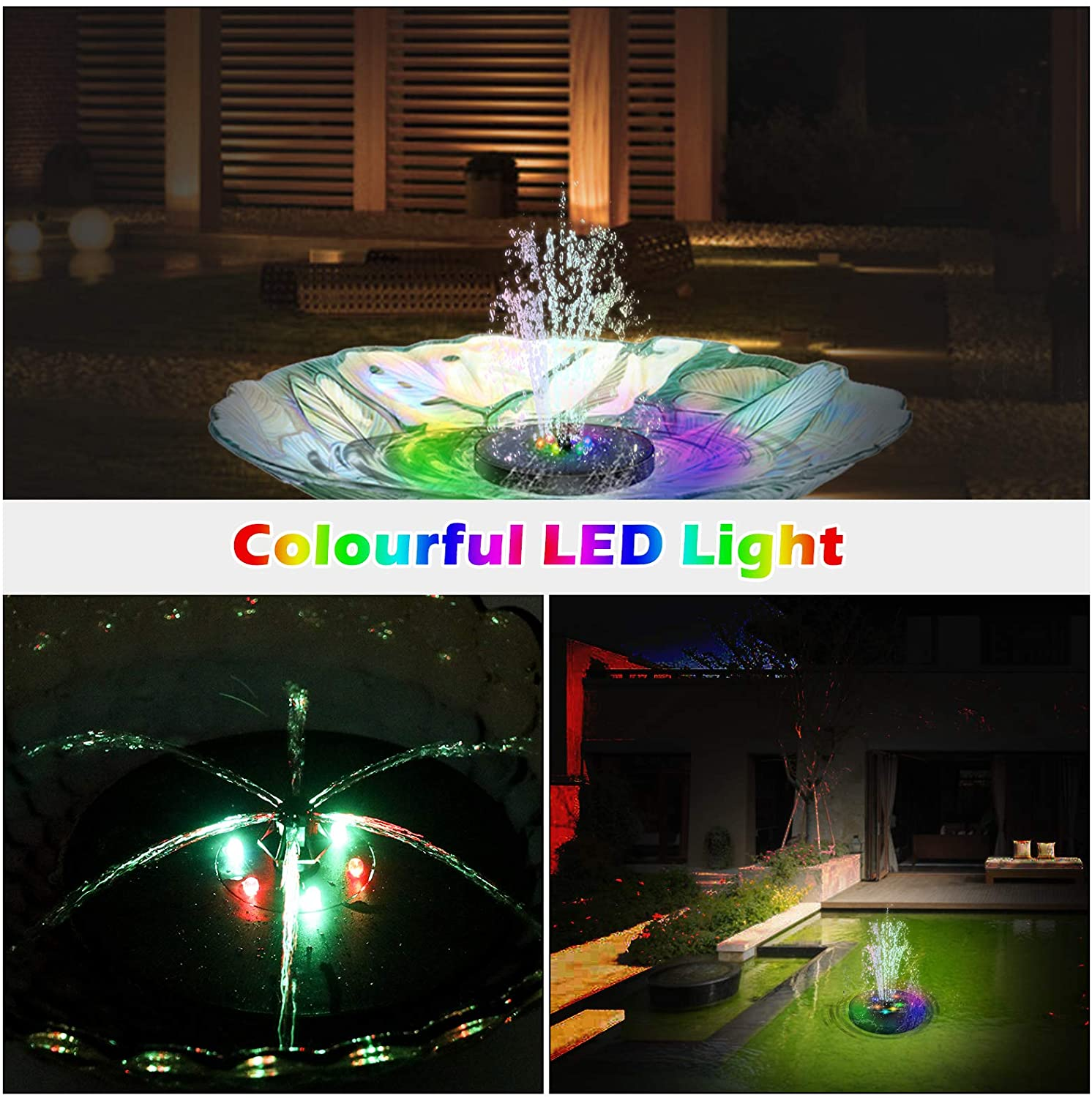 Una fontana con luci a LED colorate in un'ambientazione da giardino. Varie viste.