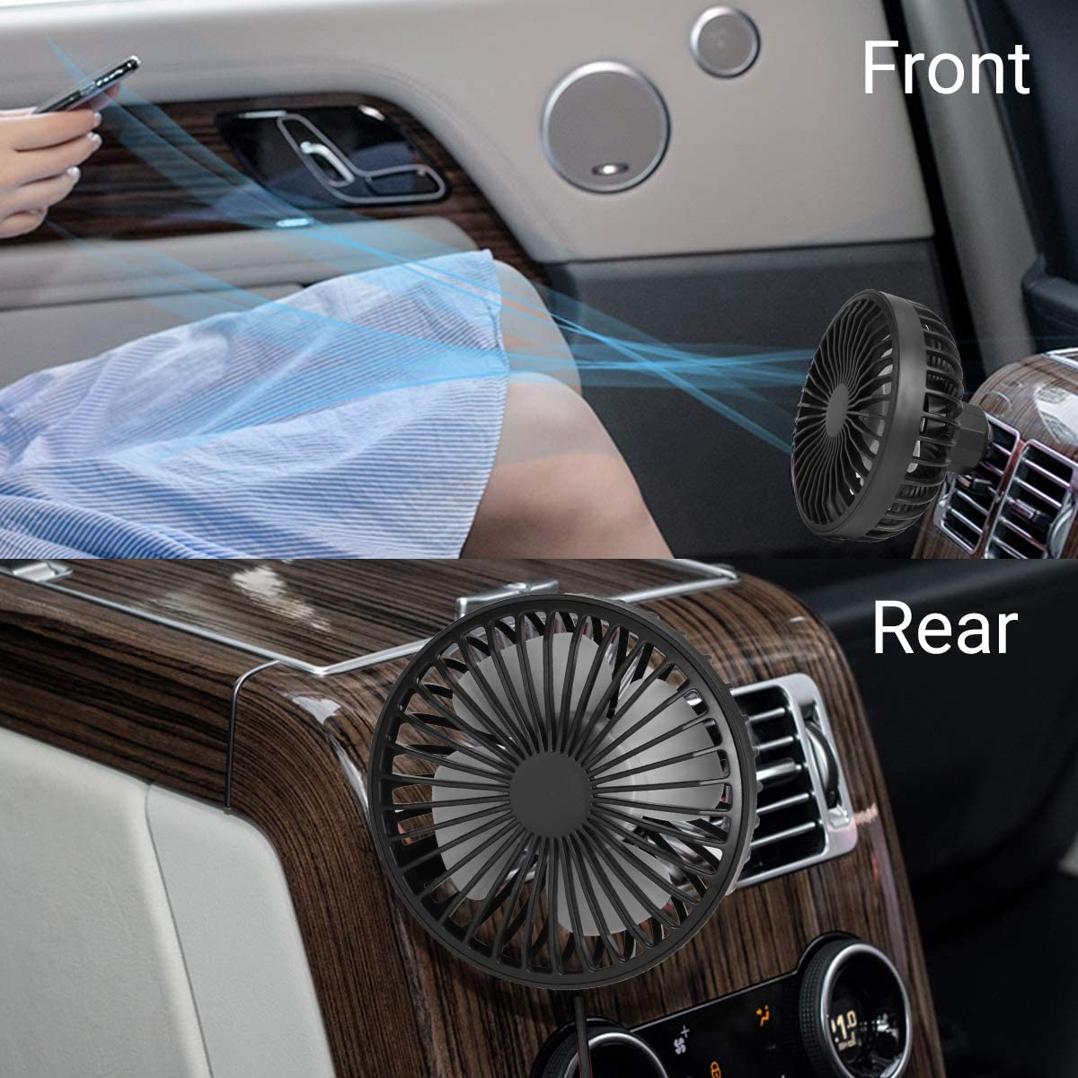 Ein Innenraum-Autobild mit zwei kleinen schwarzen Ventilatoren. Die Ventilatoren blasen Luft.
