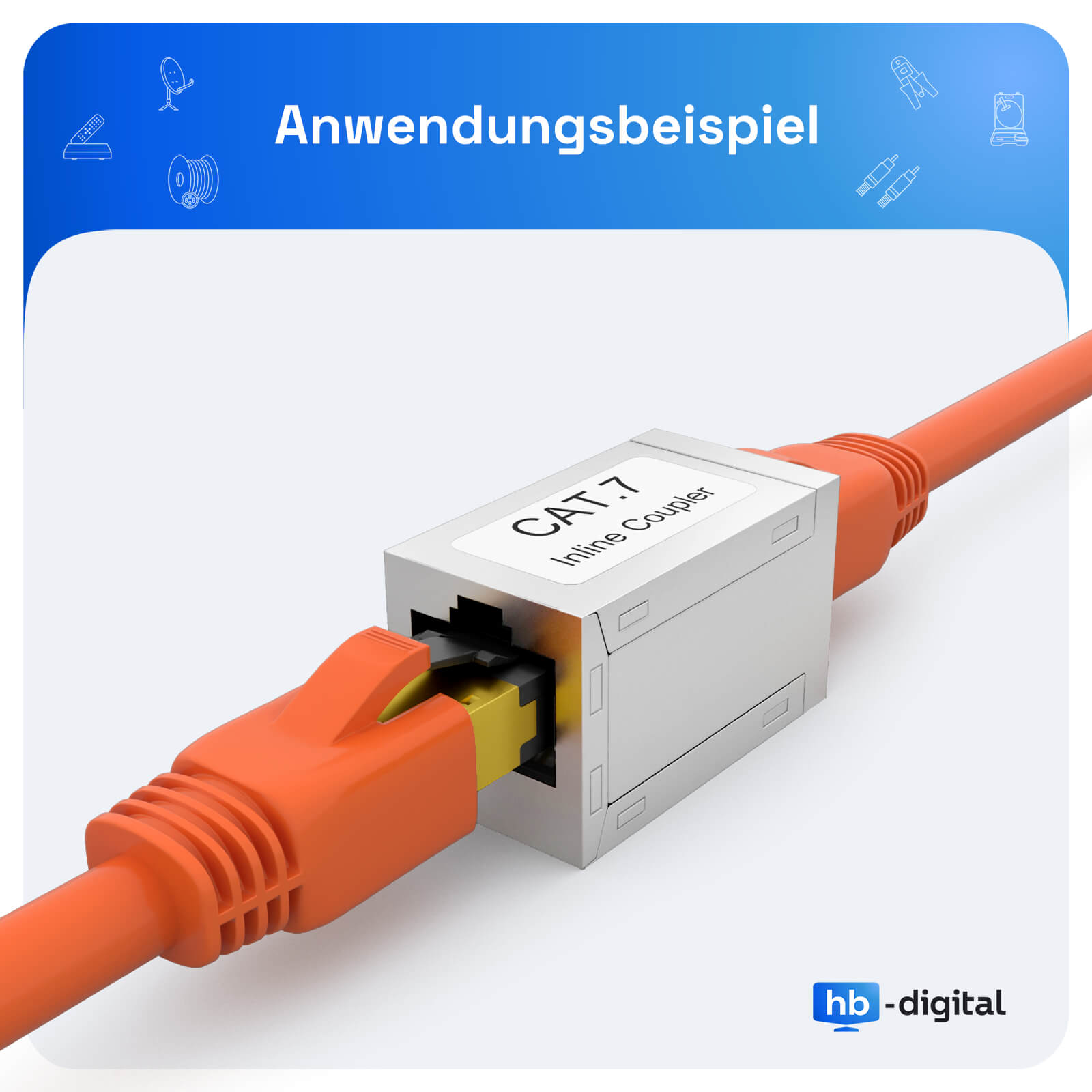 Ein orangefarbener CAT 7 Inline-Koppler, der mit einem orangefarbenen Kabel verbunden ist, vor blauem Hintergrund.