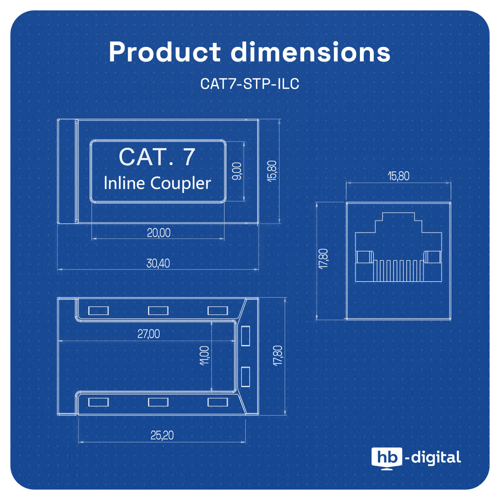 Diagramm eines CAT 7 Inline-Kopplers mit Maßangaben auf blauem Grundriss.