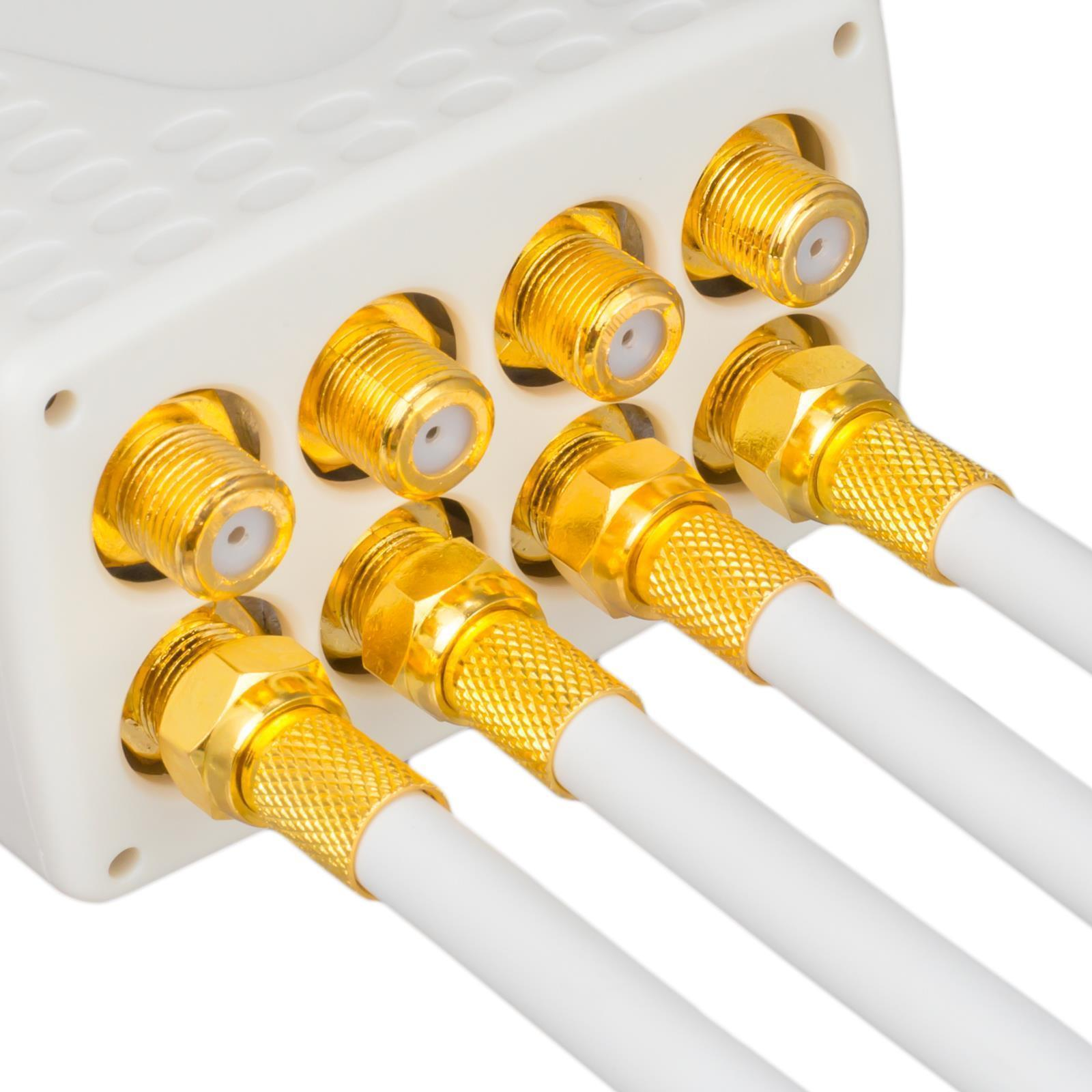 Weißer Splitter mit goldenen Anschlüssen und weißen Kabeln. Weißer Hintergrund.