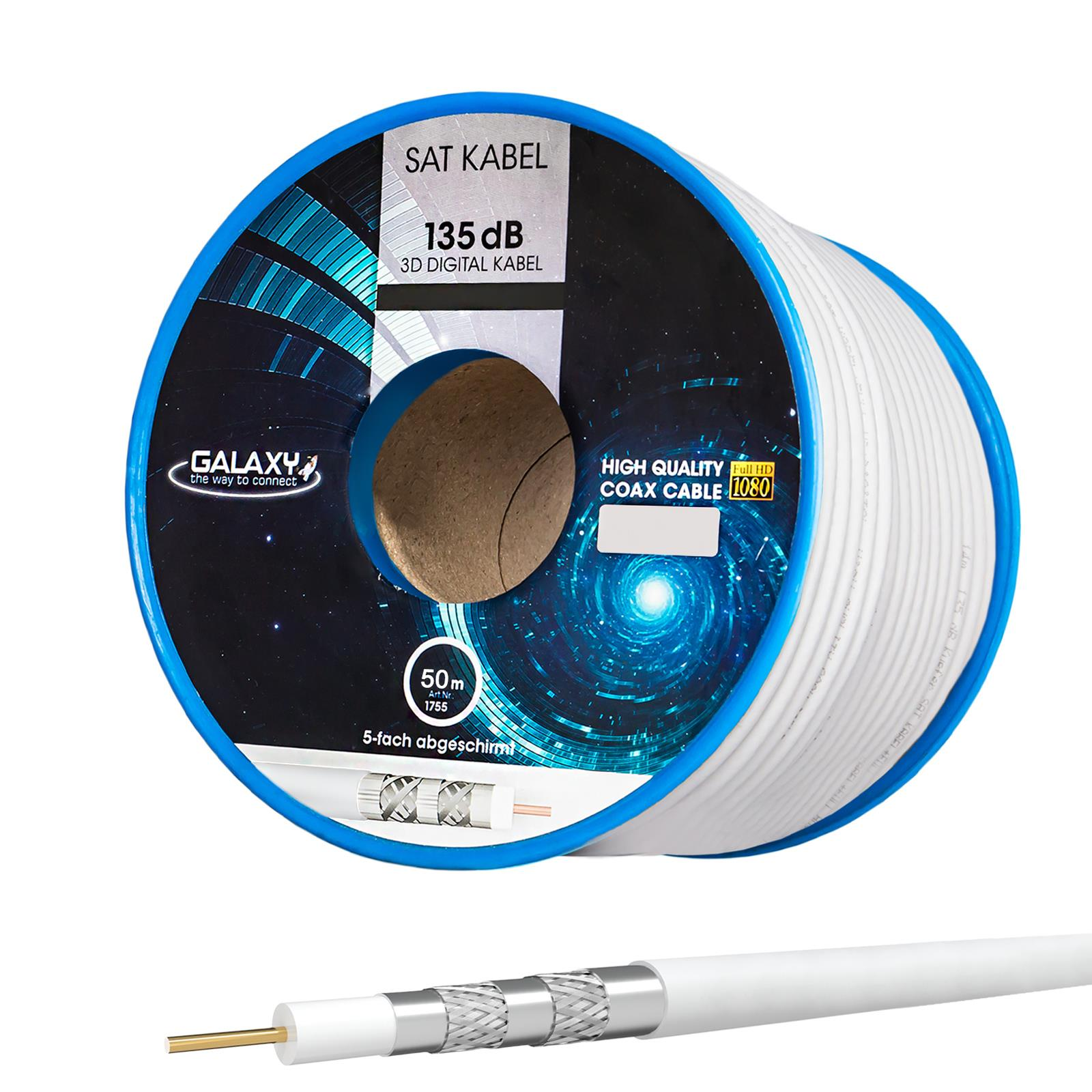 Eine Rolle weißes SAT-Kabel mit 135 dB und 50m Länge, 5-fach abgeschirmt.