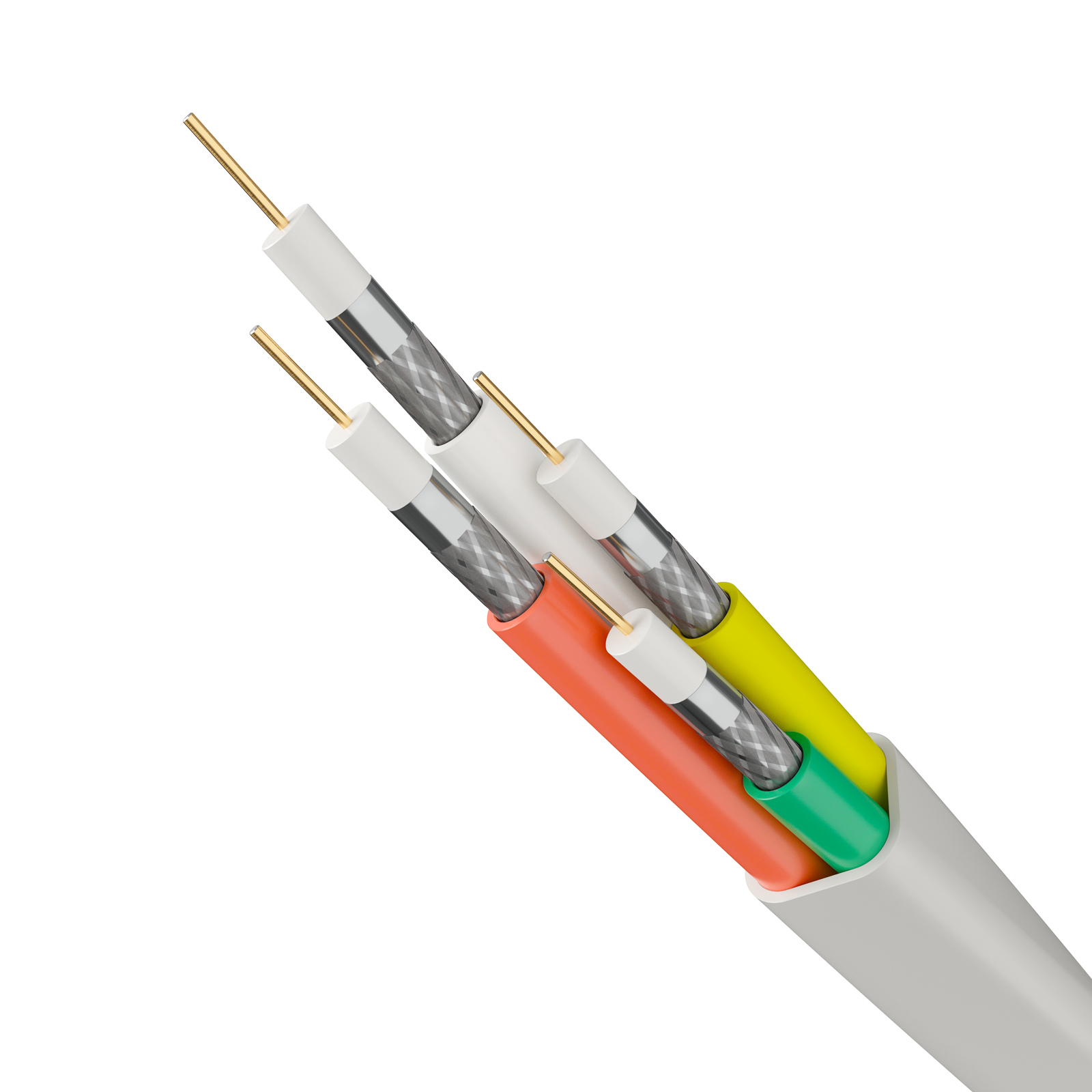 Ein Kabel mit vier Leitungen, jede mit weißer Isolierung und silbernem Drahtgeflecht.