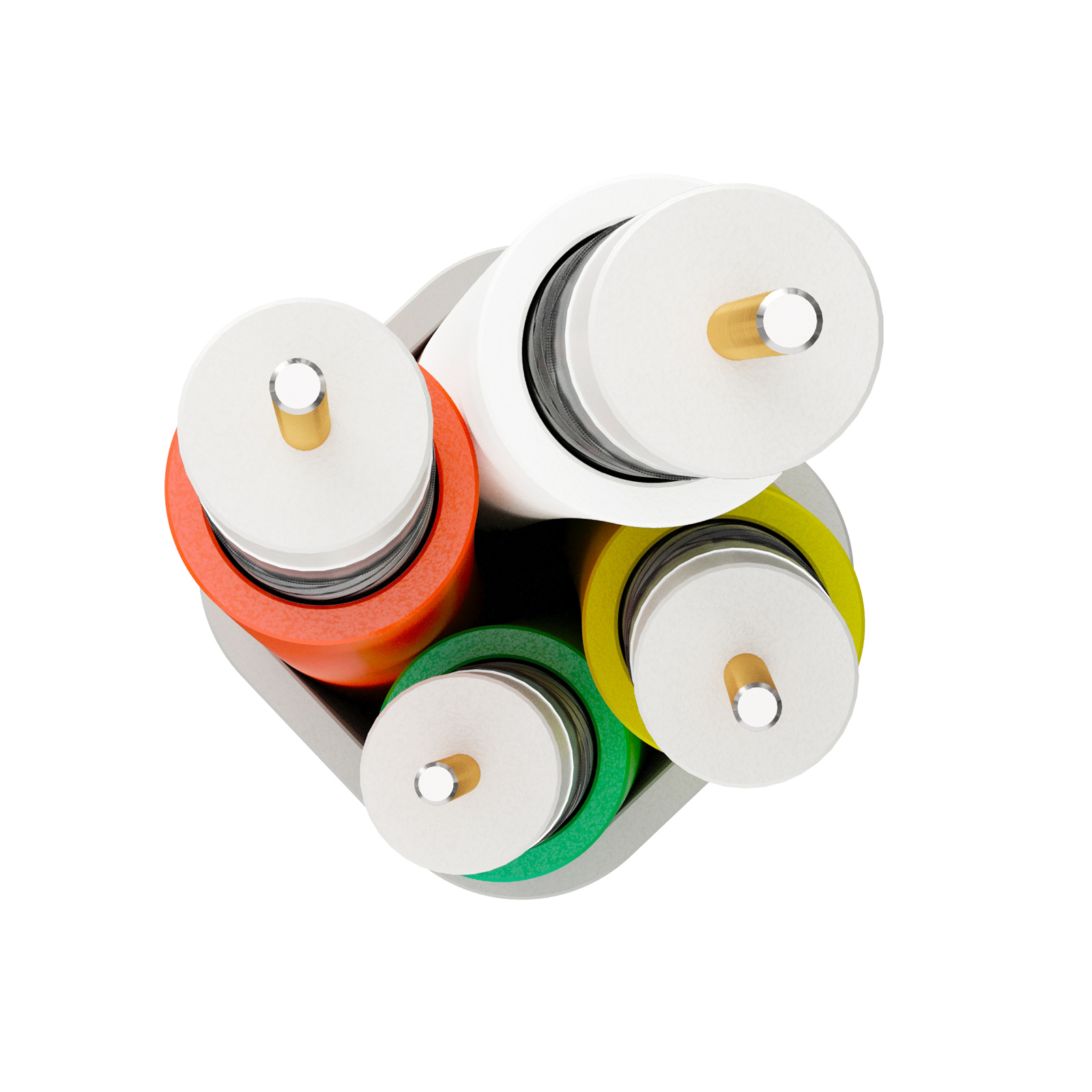 Vier Kabel mit bunten Isolierungen (rot, grün, gelb, weiß) in einem grauen Halter.