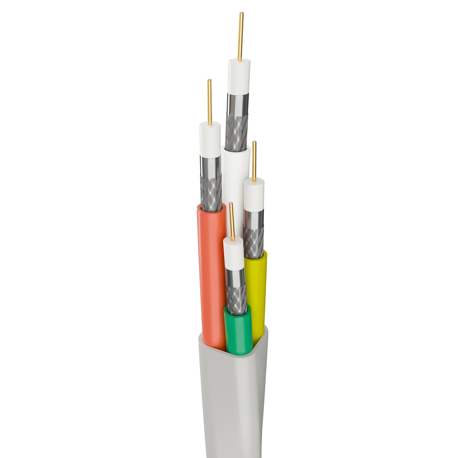 Freigelegtes Kabel mit vier Leitern in Orange, Gelb, Grün und Weiß mit Metallgeflecht.