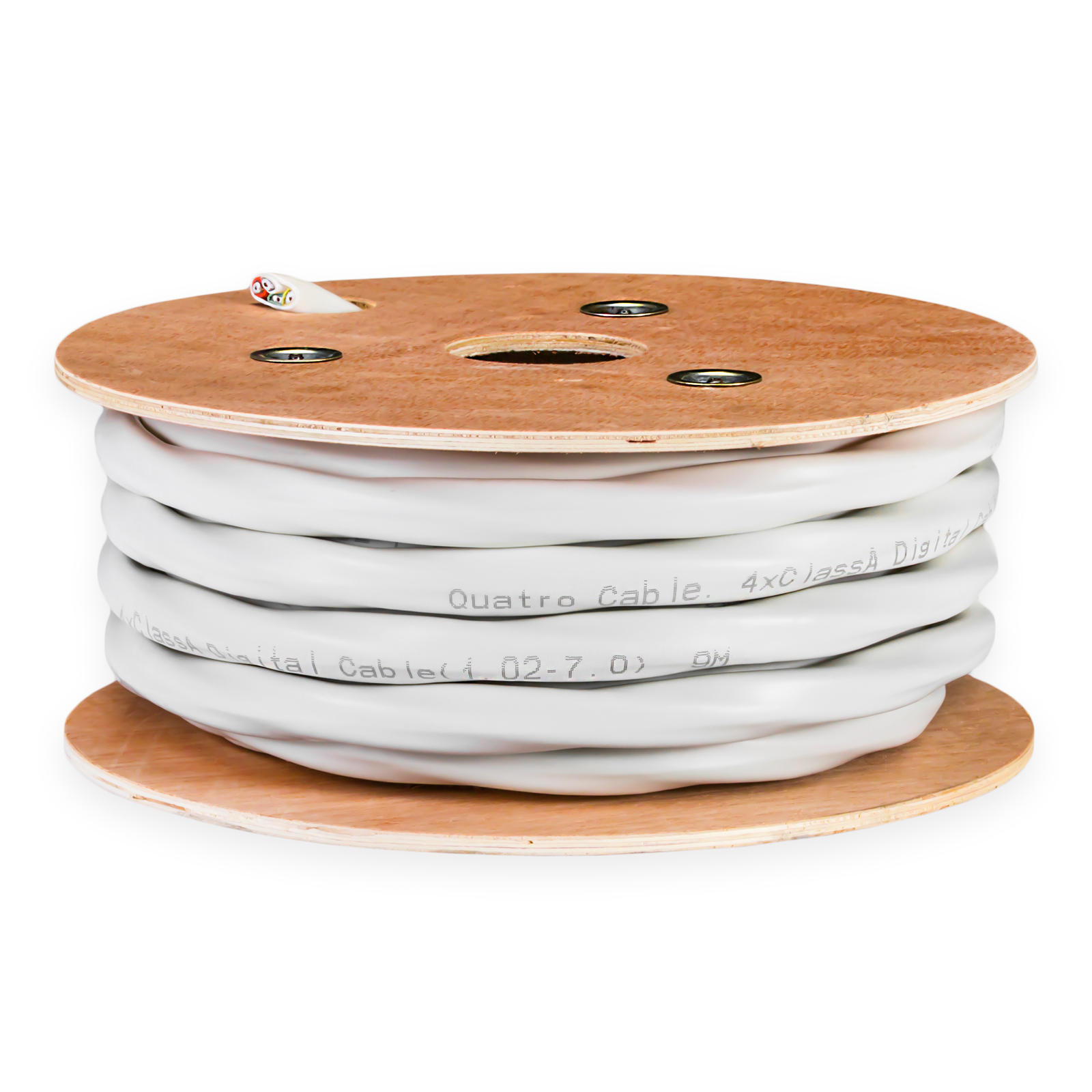 Weiße Kabelrolle mit vier Adern, "Quatro Cable" aufgedruckt.
