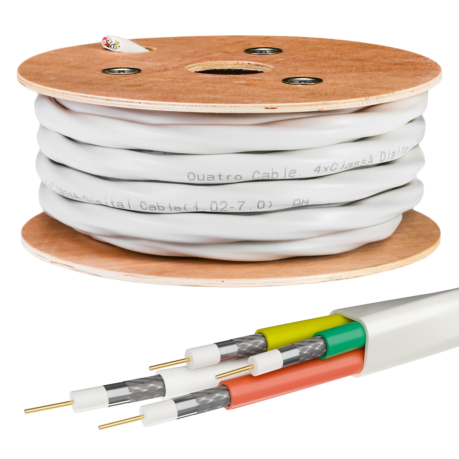 Weiße Kabeltrommel mit Kabel; darunter freigelegte Kabel mit roten, gelben und grünen Leitern.