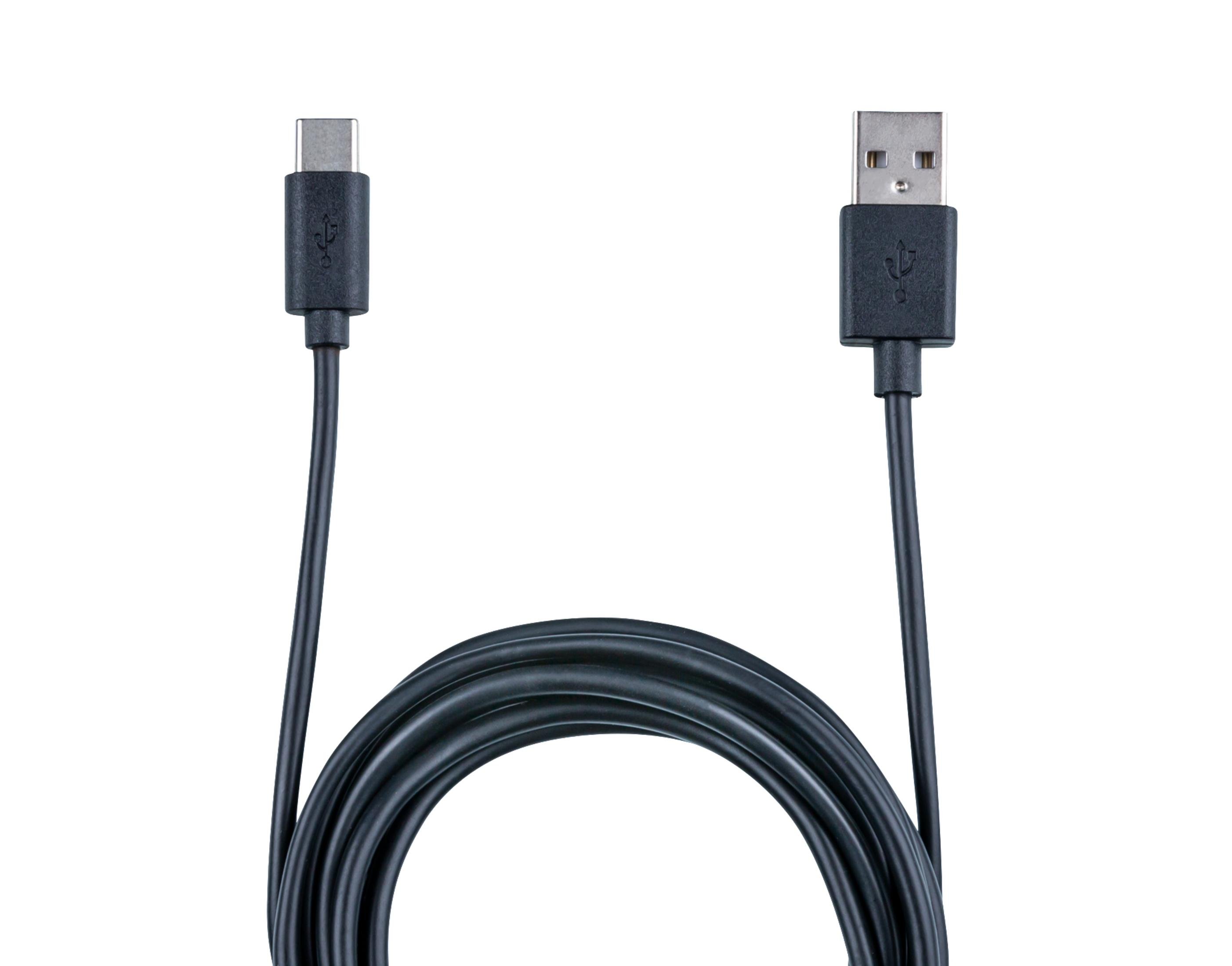 Ein schwarzes USB-Kabel mit USB-A- und USB-C-Anschlüssen, auf weißem Hintergrund aufgerollt.