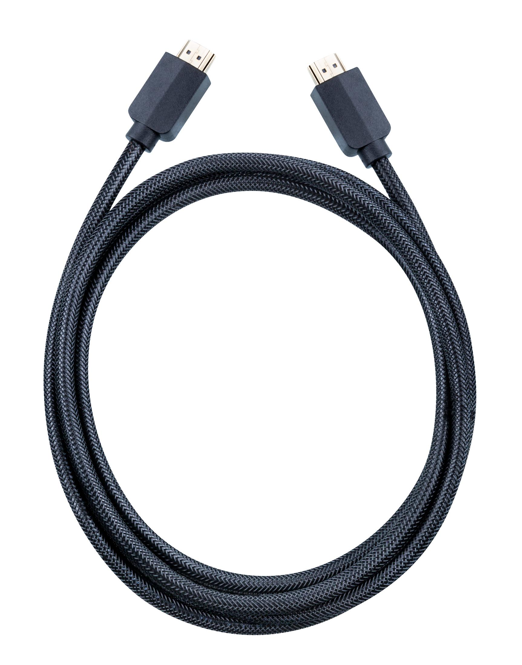 Zwarte HDMI-kabel met connectoren. De kabel is in een cirkel gelegd. Witte achtergrond.