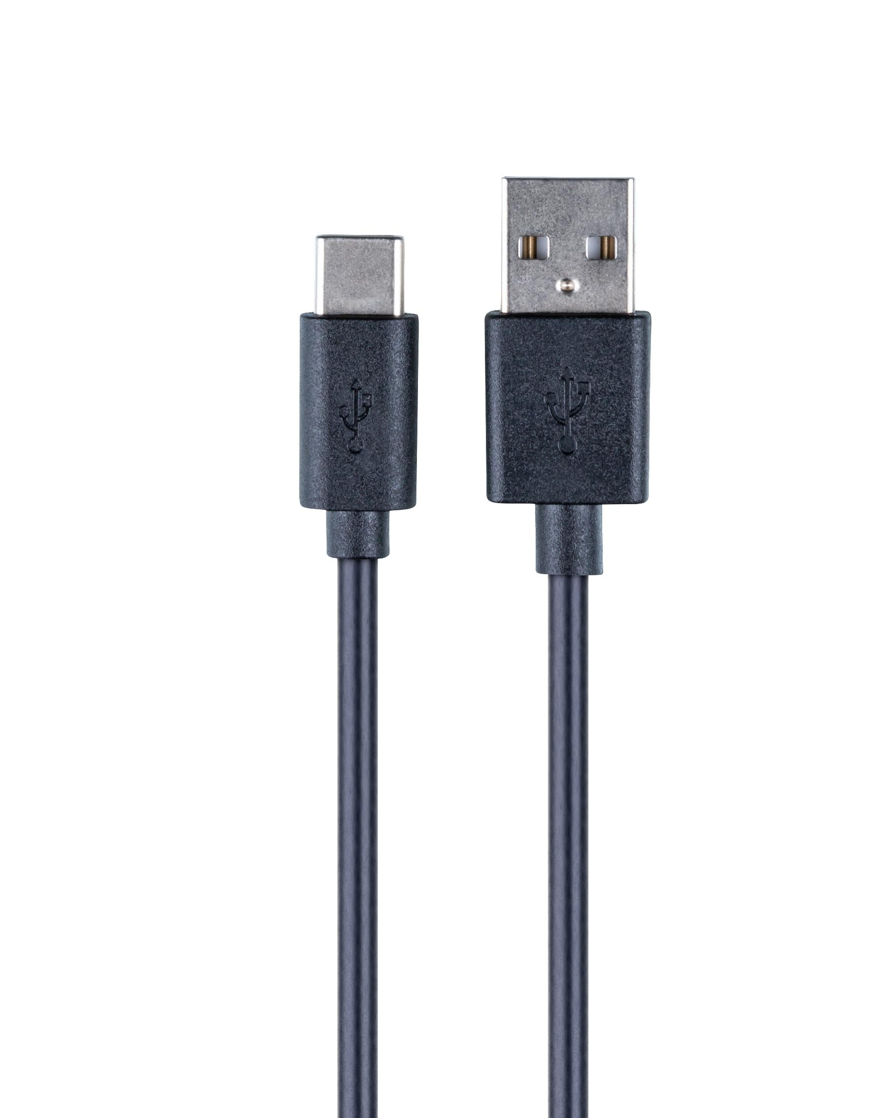 Nahaufnahme eines schwarzen USB-Kabels mit USB-C- und USB-A-Anschlüssen vor weißem Hintergrund.