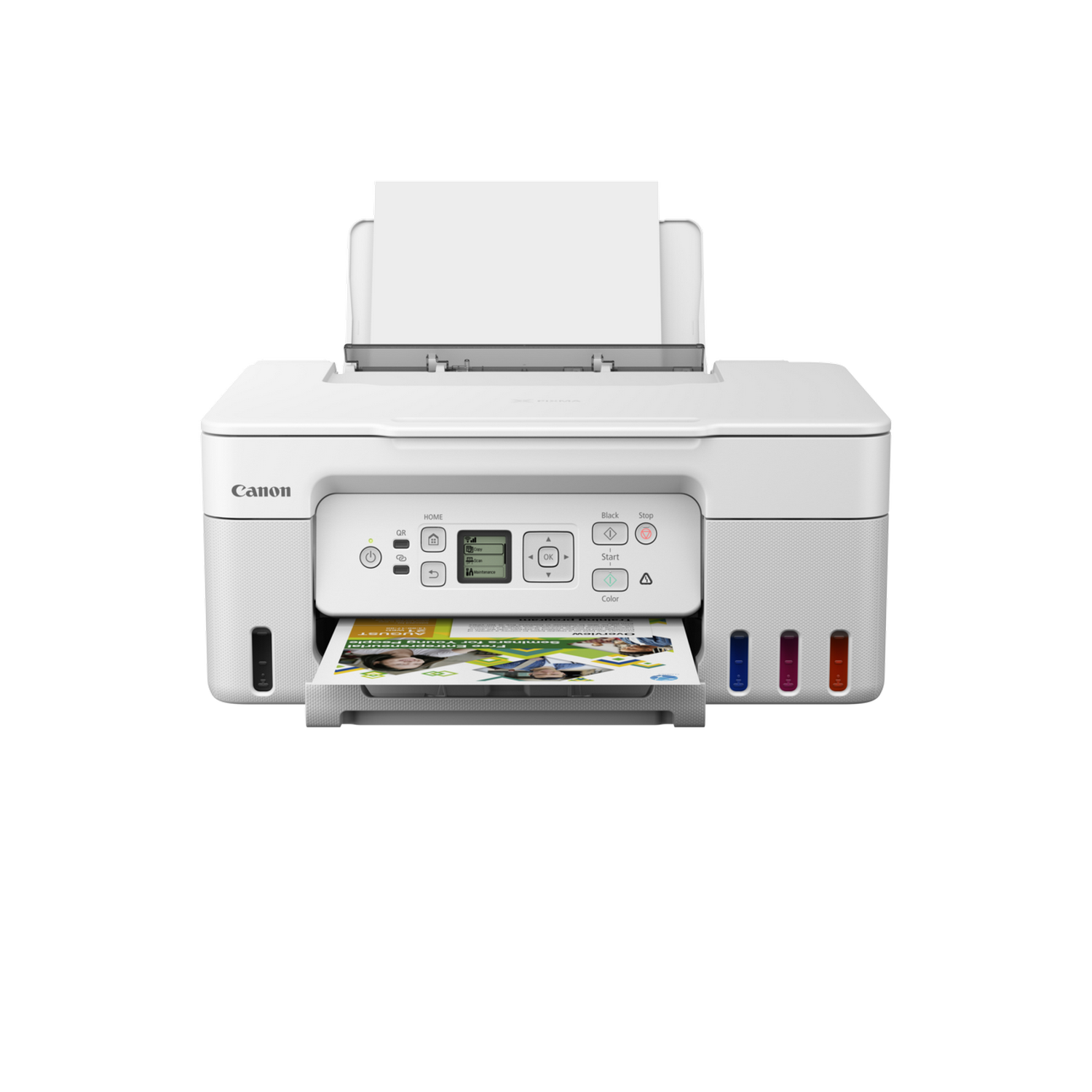 Biała drukarka Canon z otwartą tacą na papier, drukująca kolorowy obraz. Widoczne wkłady atramentowe.