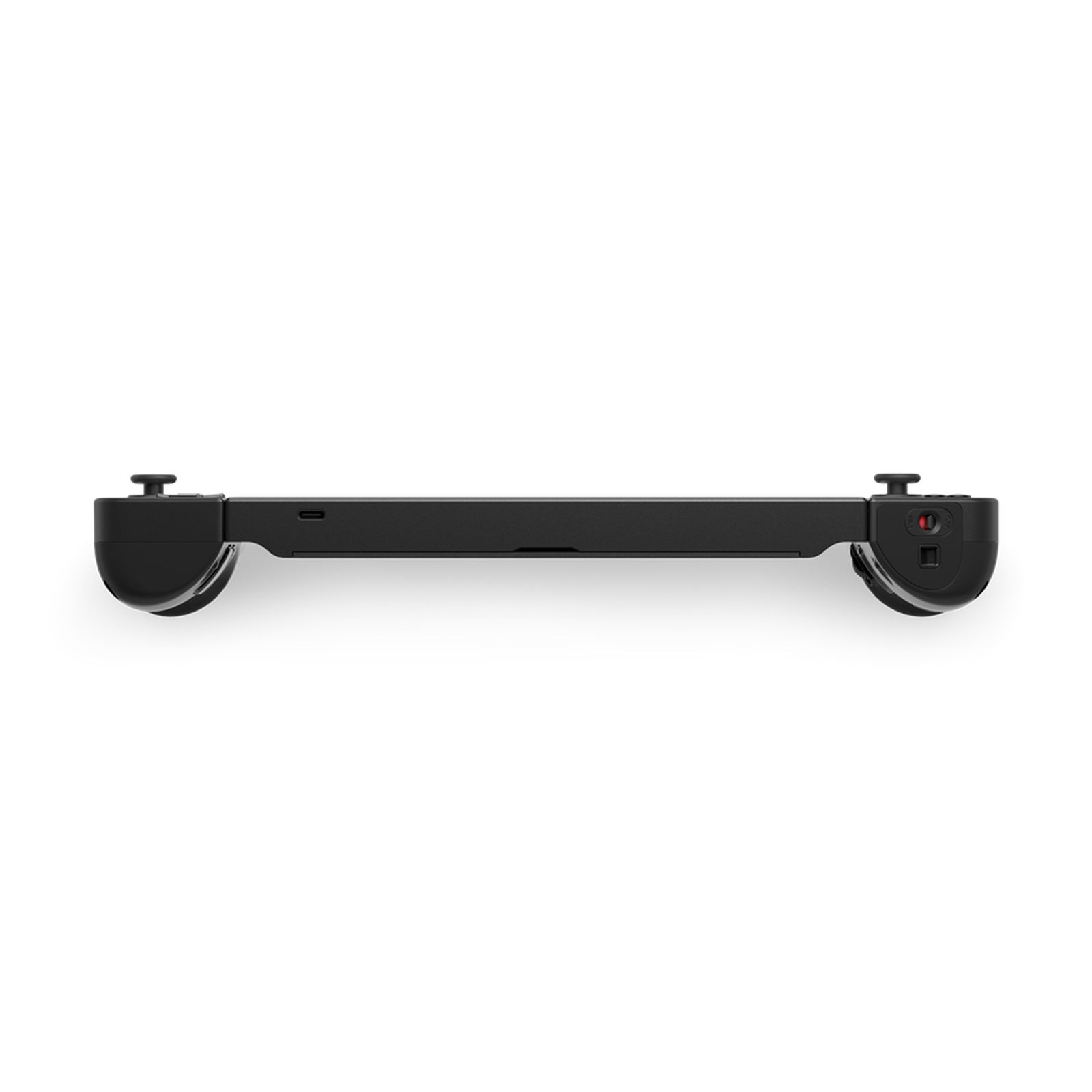 Schwarze Handheld-Spielekonsole. Seitenansicht mit Bedienelementen. Weißer Hintergrund.