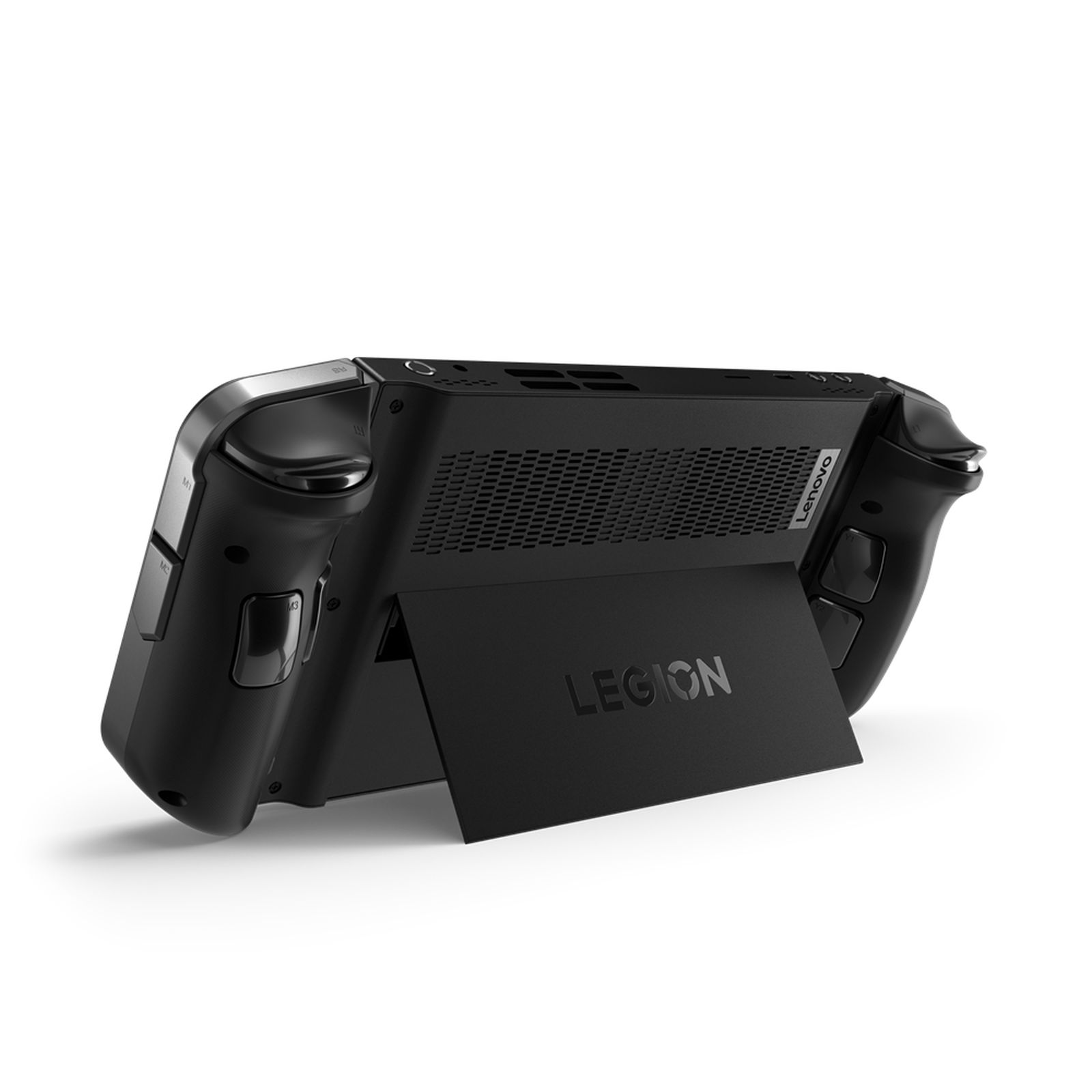 Schwarze Handheld-Spielekonsole mit Ständer. Legion-Logo. Weißer Hintergrund.