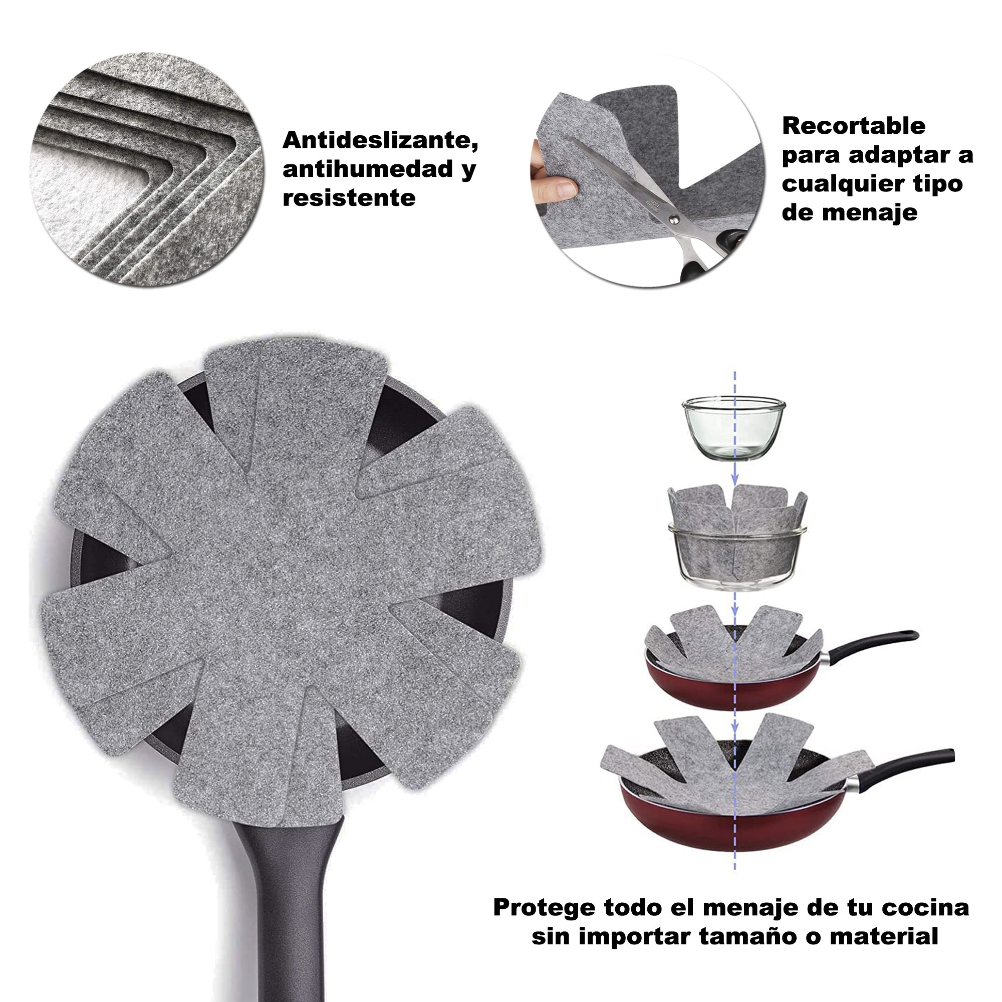 Protectores de ollas de fieltro gris, cortados para diferentes utensilios de cocina.