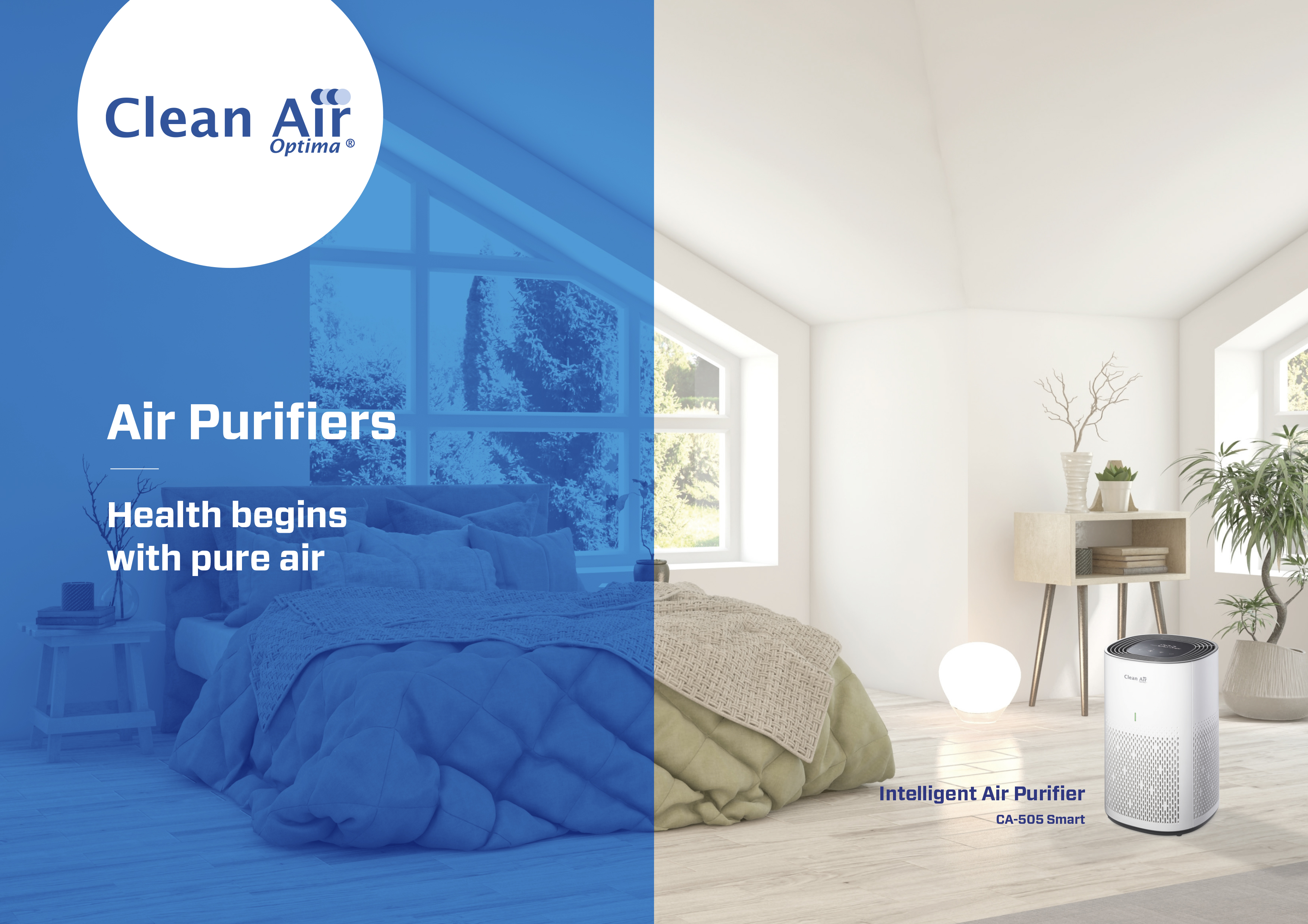Air purifier in a modern bedroom setting. White walls, windows, bed, and an air purifier.