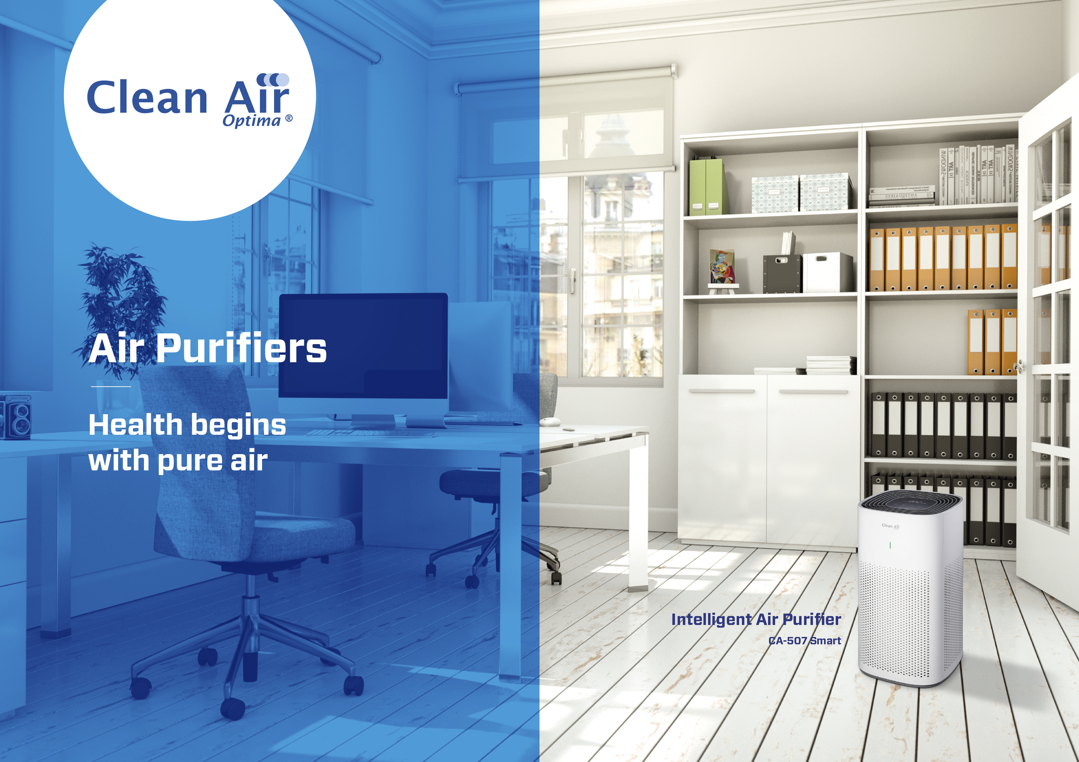 An office scene with blue and white colors, including a desk, chair, and air purifier.