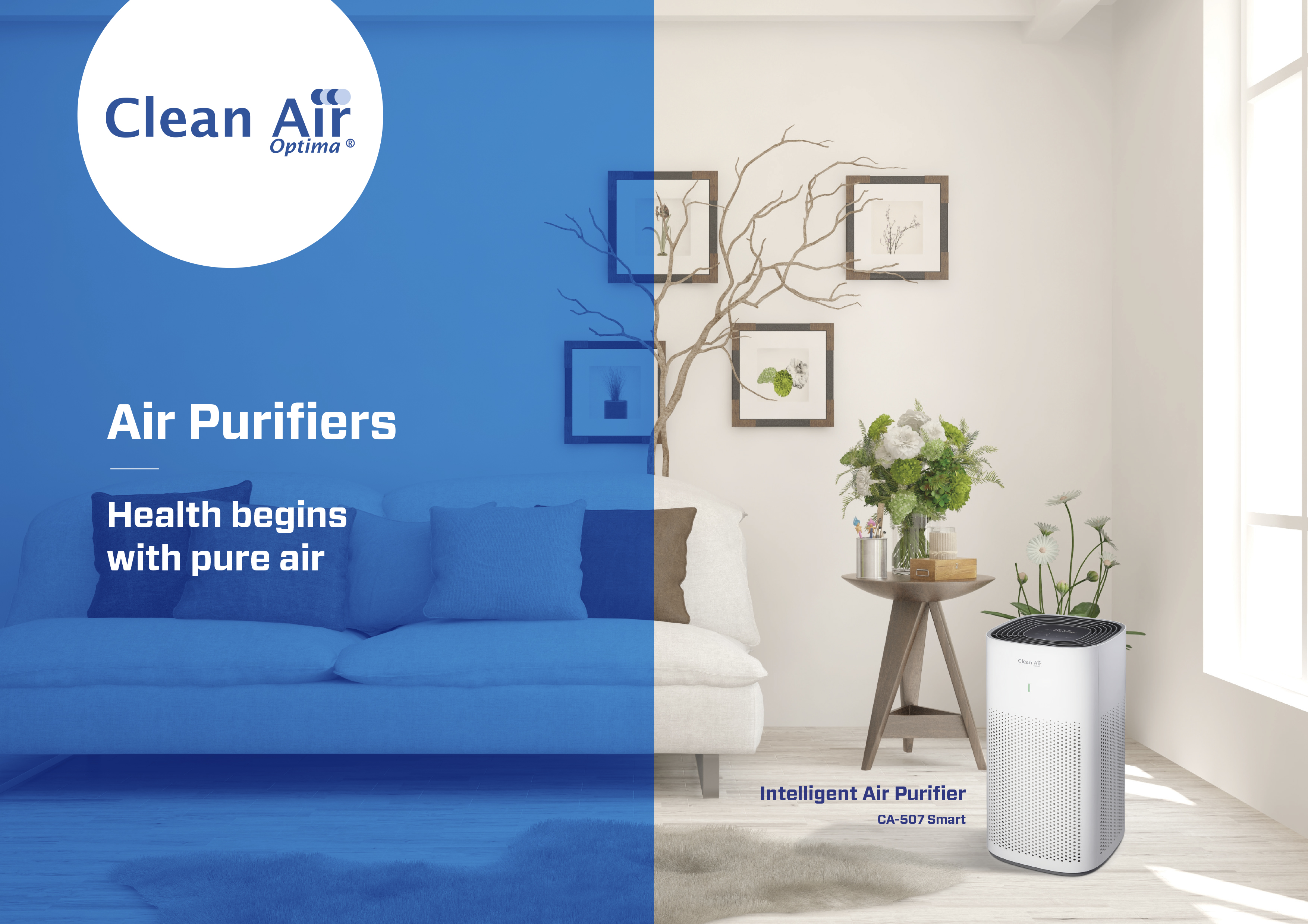 Living room scene with air purifier, sofa, and decorations.