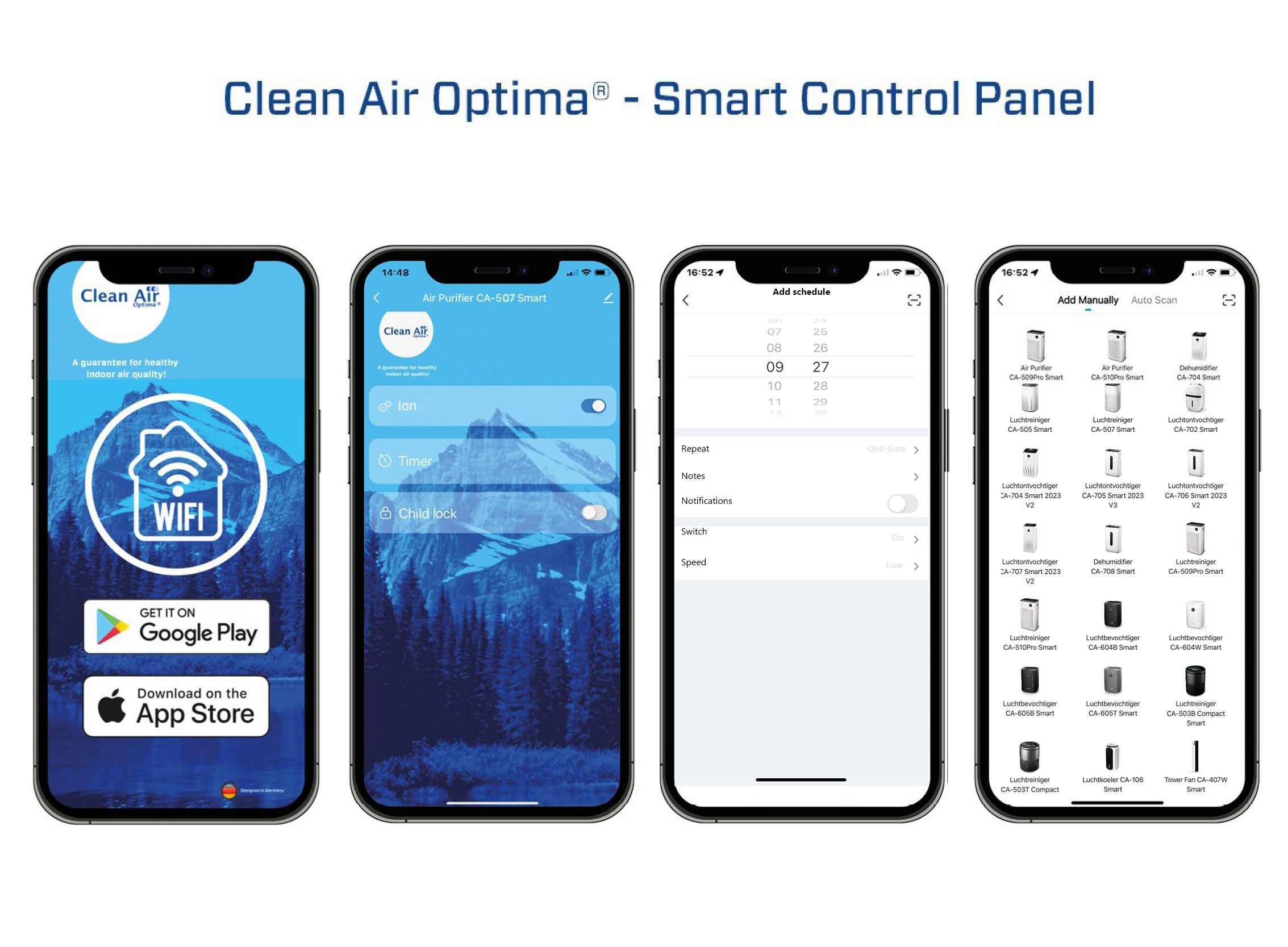 Four smartphone screens showing the air purifier's app interface.