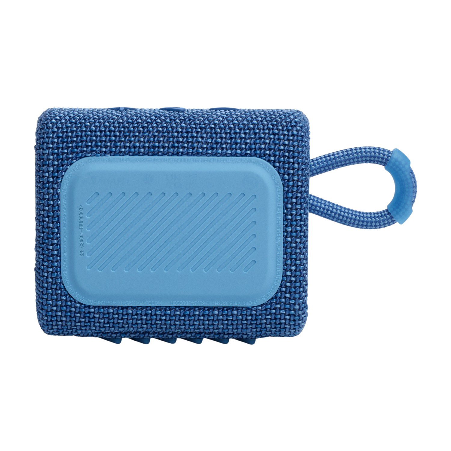 Haut-parleur en tissu bleu avec une sangle bleu clair et un bouton rectangulaire bleu à l'avant.